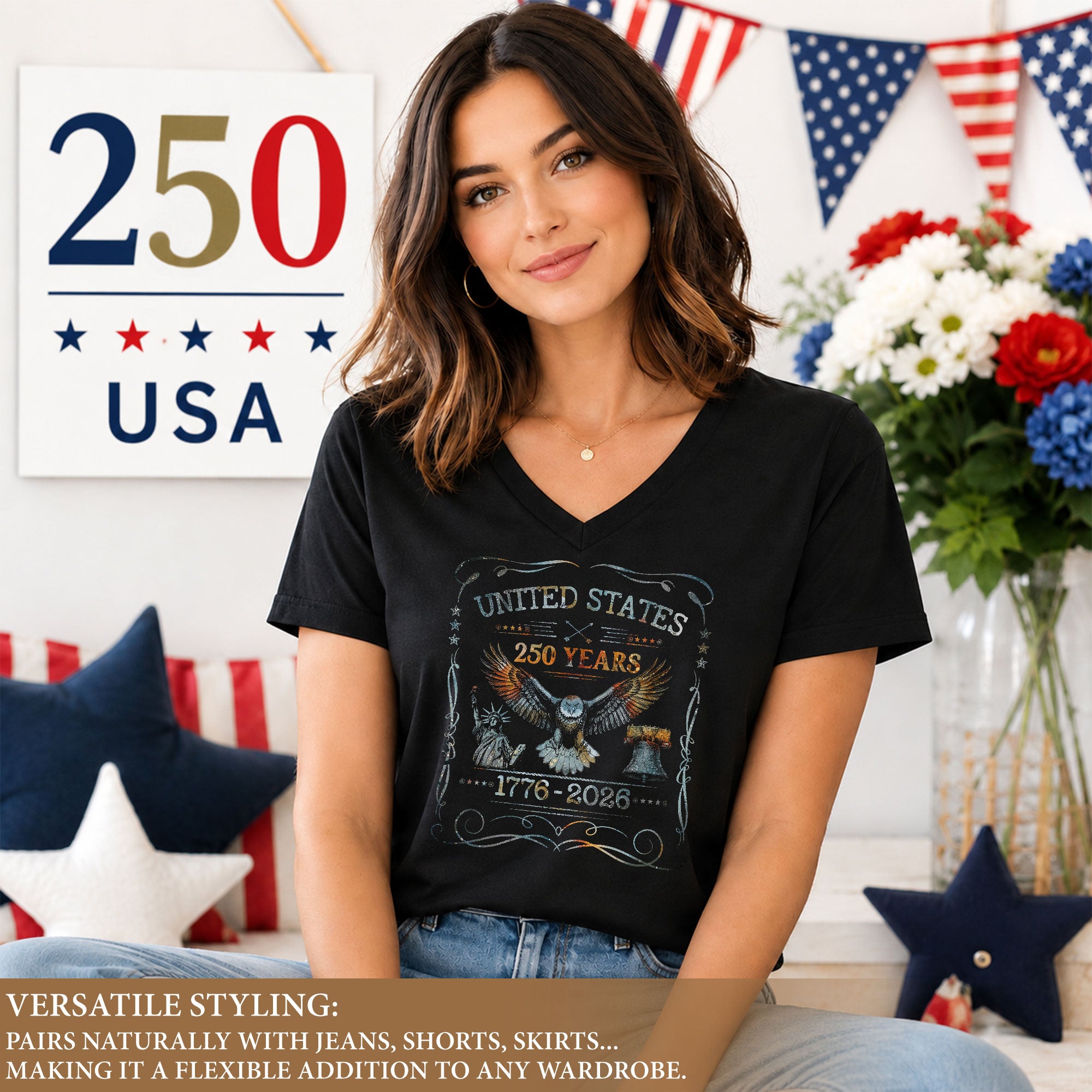 Patriotic V-Neck T-Shirt Women United States Eagle 1776-2026 Graphic Design Tee