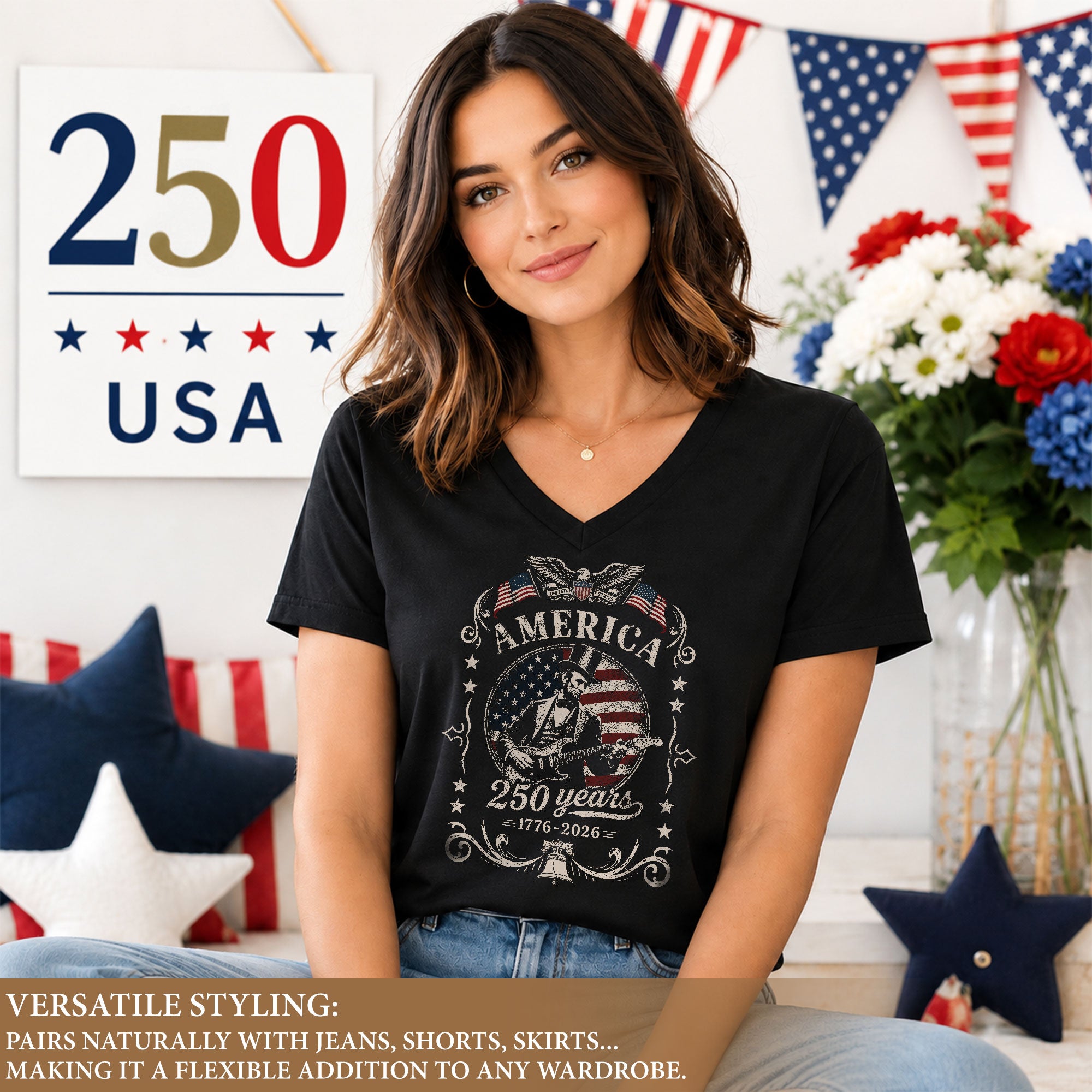 Lincoln Guitar V Neck T-Shirt Patriotic 1776-2026 America 250 Years Graphic Tee