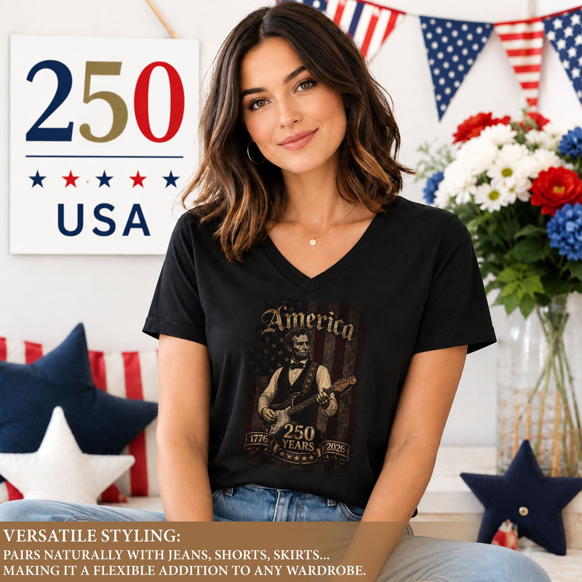 Patriotic Lincoln V-Neck Shirt Vintage 1776-2026 America 250 Years Womens Tee