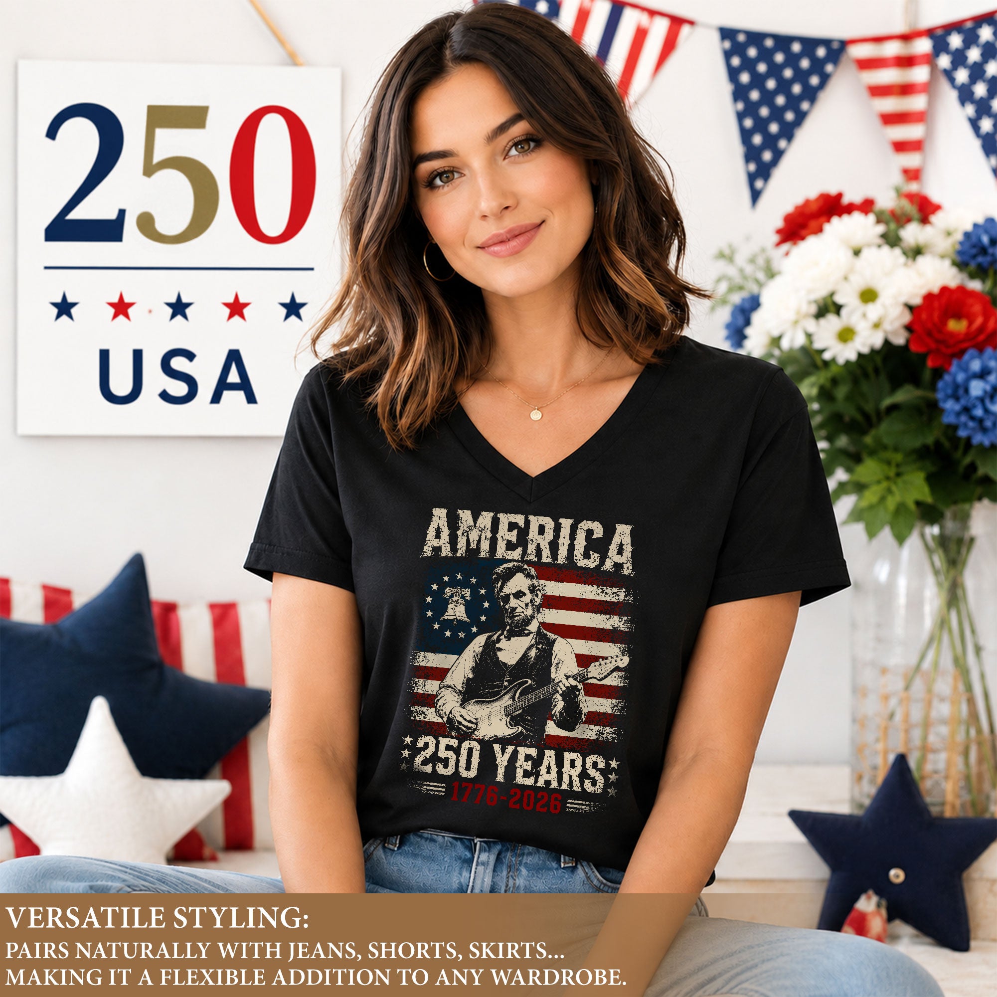 Liberty Bell Lincoln V-Neck Shirt Vintage 1776-2026 America 250 Years Women Tee