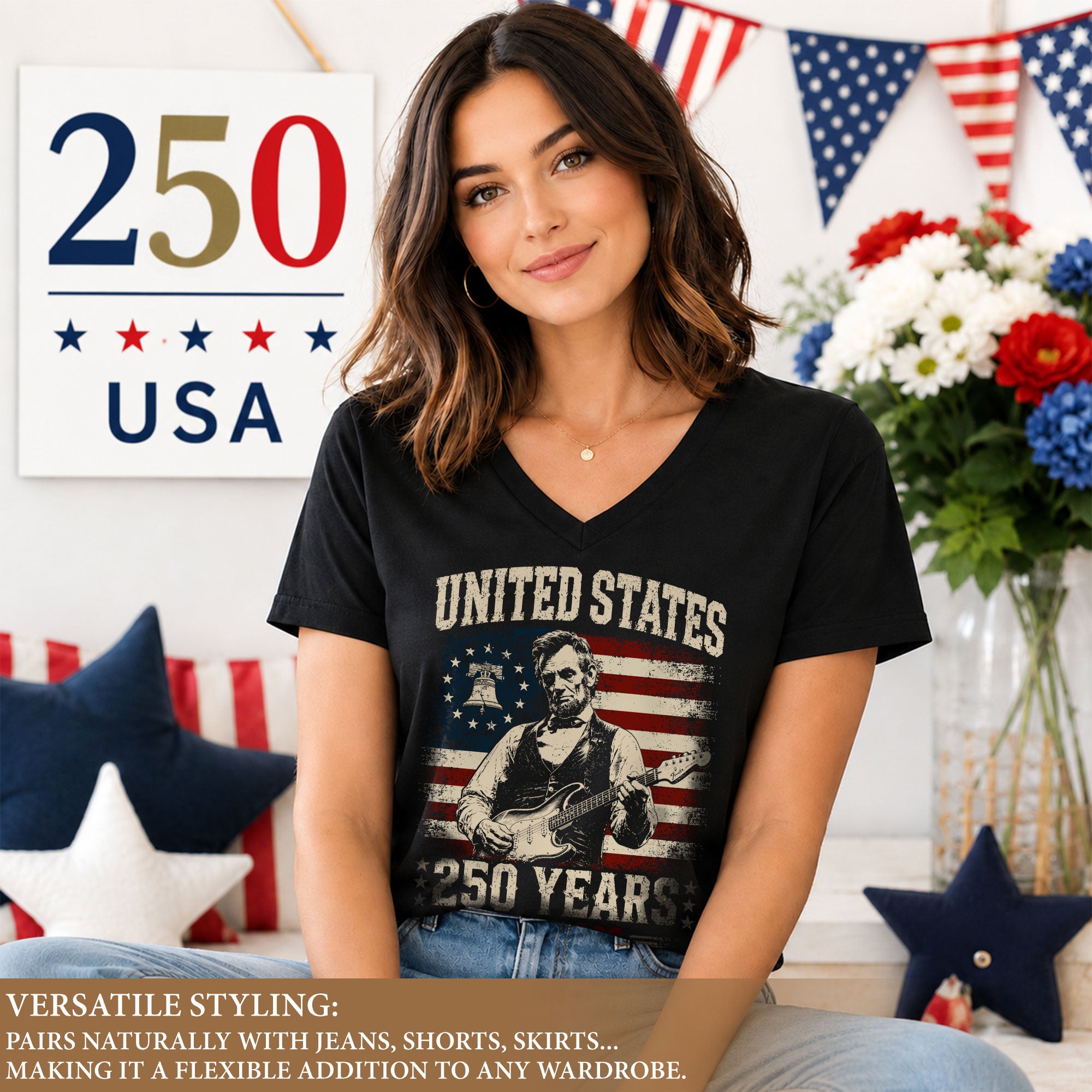 Liberty Bell Lincoln V-Neck Shirt Vintage 1776-2026 250 Years Patriotic Women Tee