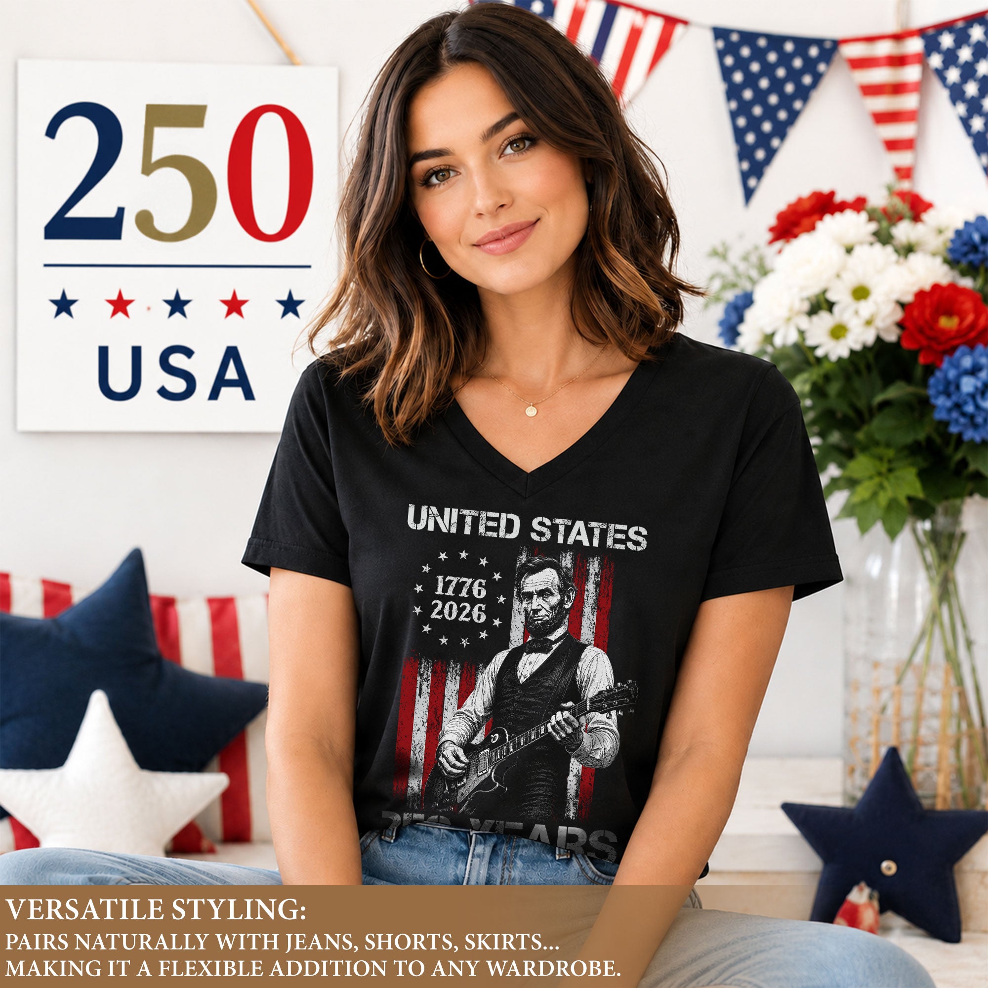 Patriotic Lincoln Flag V-Neck Shirt Vintage 1776-2026 250 Years Freedom Womens Tee