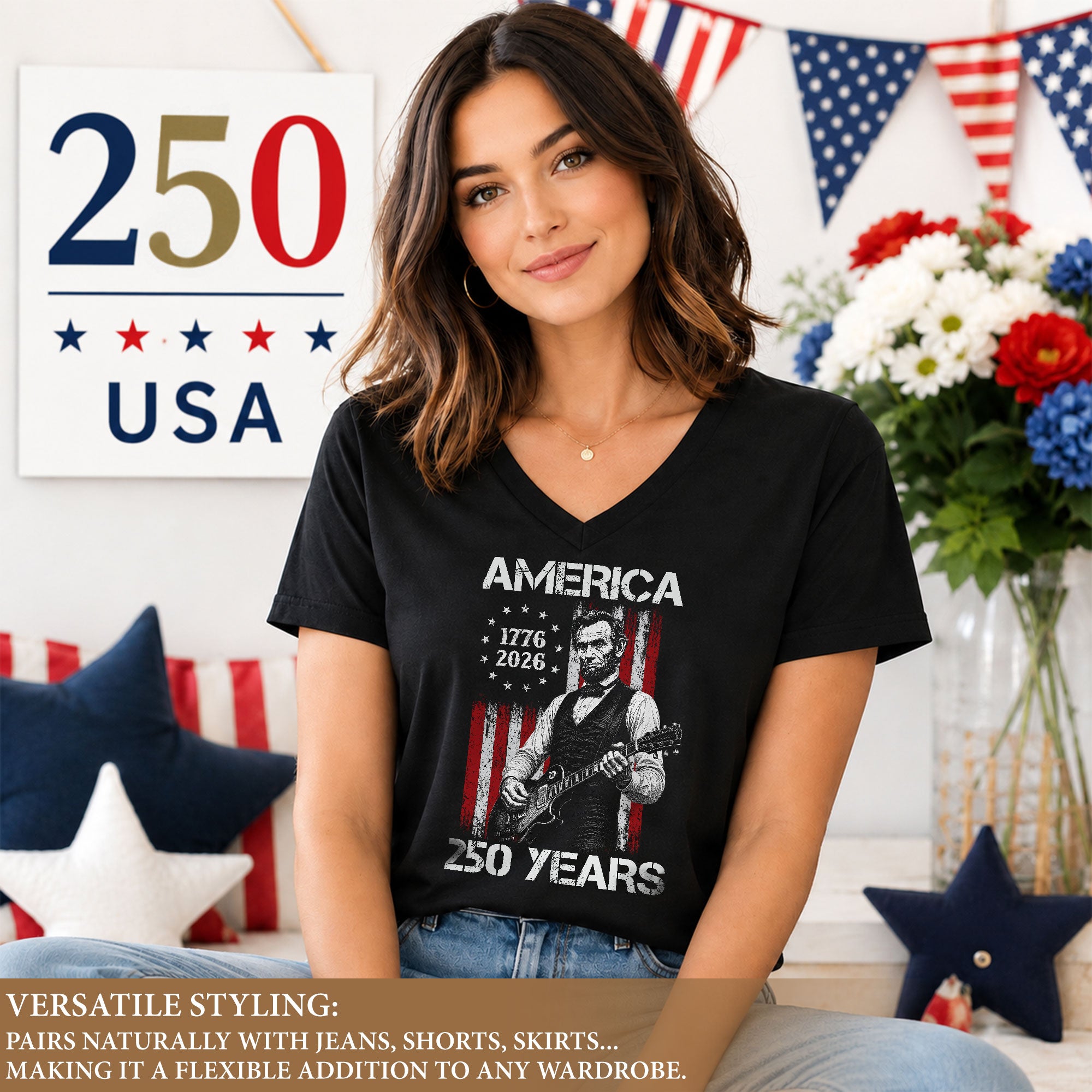 Patriotic Lincoln Flag V-Neck Shirt Vintage 1776-2026 250 Years Freedom Womens Tee
