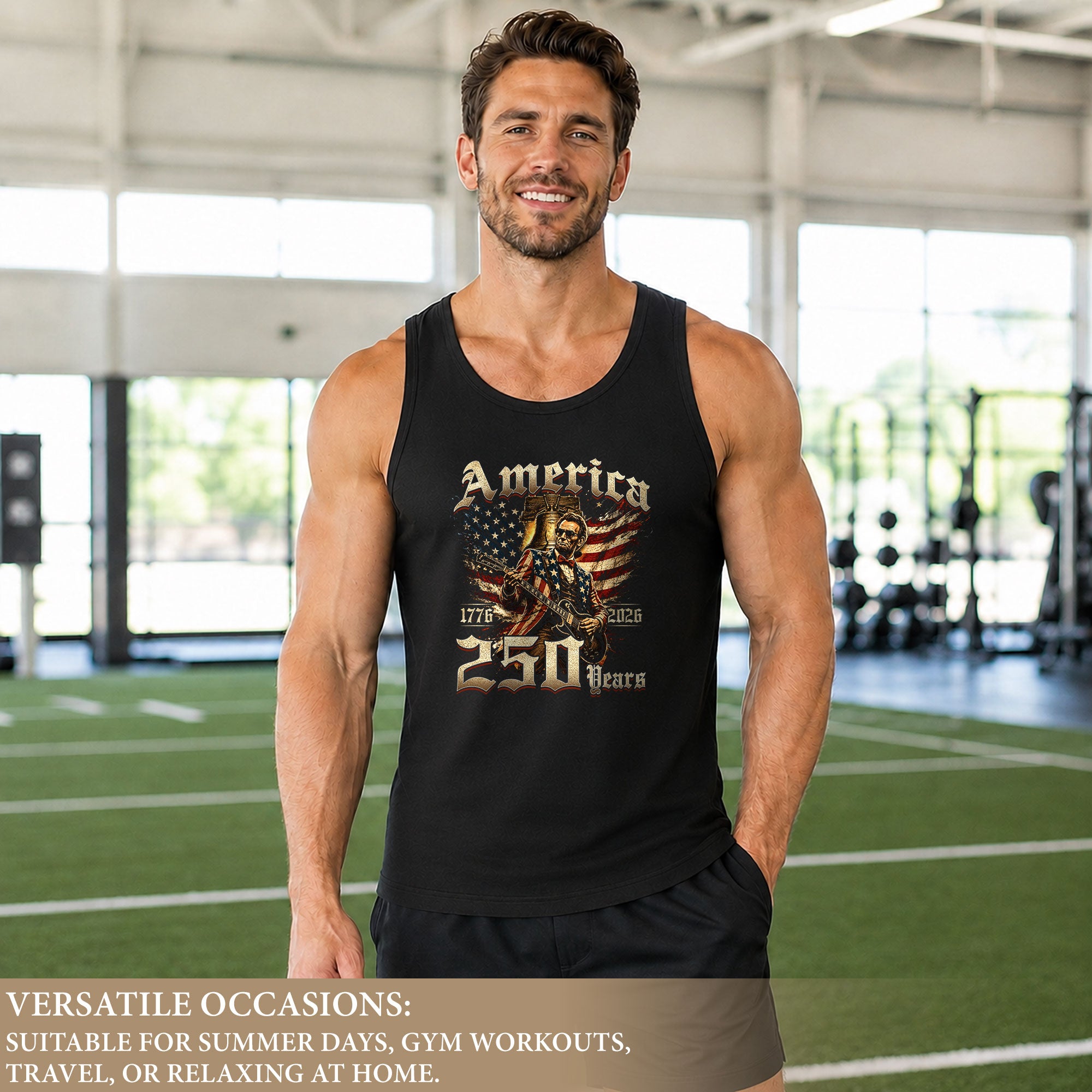 Patriotic Men's Tank Top Lincoln Guitar Graphic Print 1776-2026 Historical Style Shirt