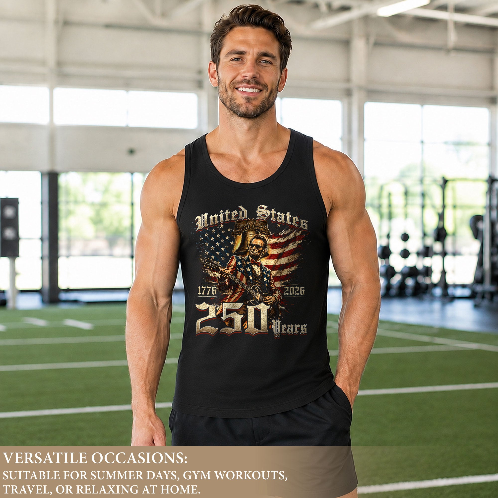 Patriotic Men's Tank Top Lincoln Guitar Graphic Print 1776-2026 Historical Style Shirt