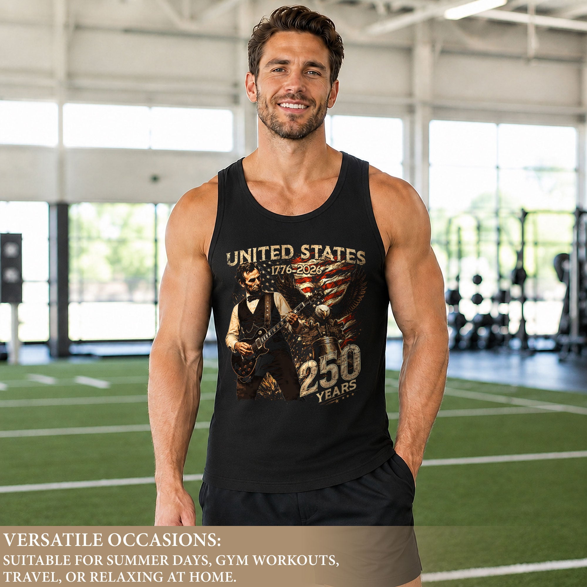 Men's Patriotic Tank Top Abraham Lincoln Guitar Graphic 1776-2026 Historical Style Tee