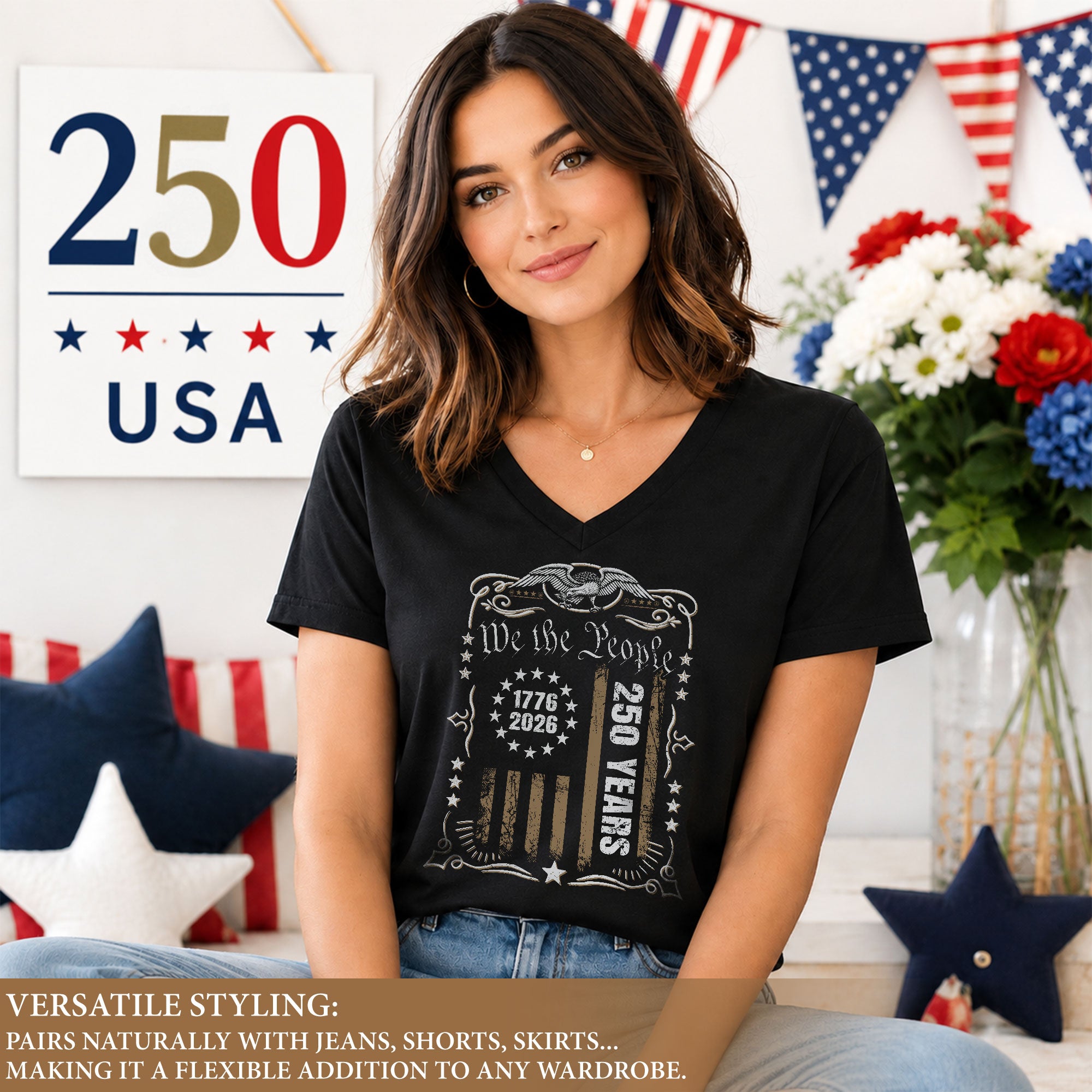 Patriotic 1776-2026 V-Neck Shirt Vintage We The People America 250 Years Womens Tee