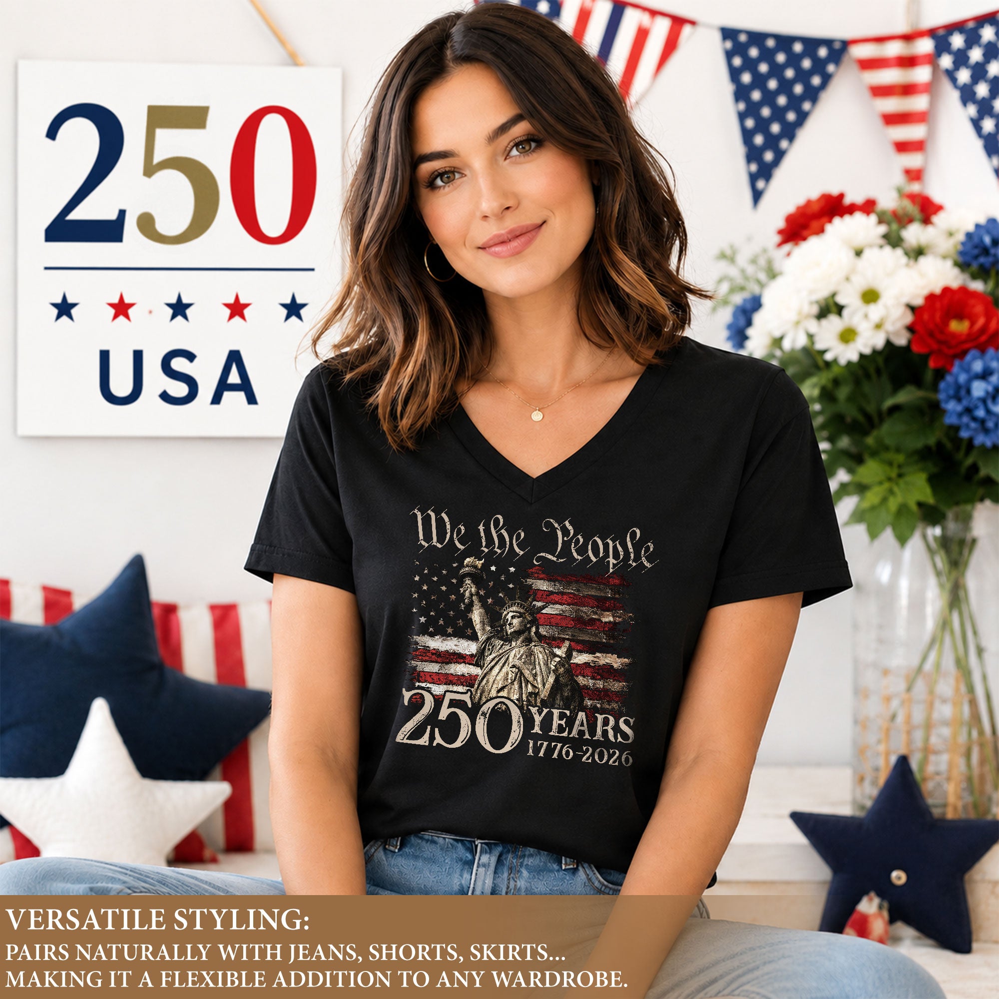 250 Years We The People V-Neck T-Shirt Patriotic Statue of Liberty USA 1776-2026