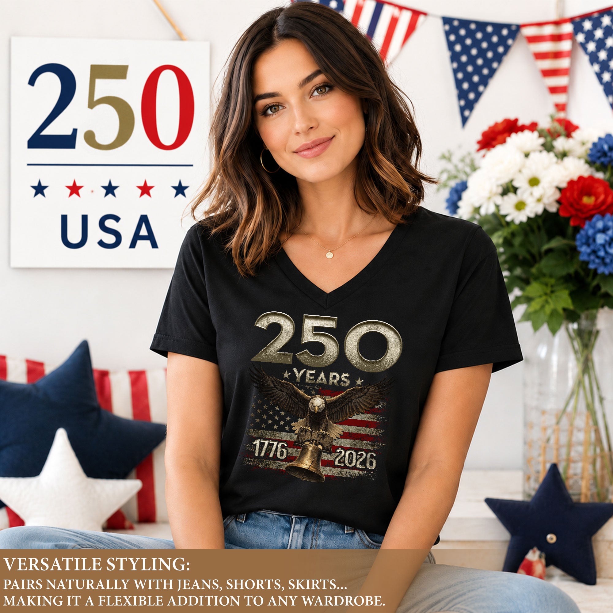 250 Years Eagle V-Neck T-Shirt Patriotic USA Flag 1776-2026 American Freedom Tee
