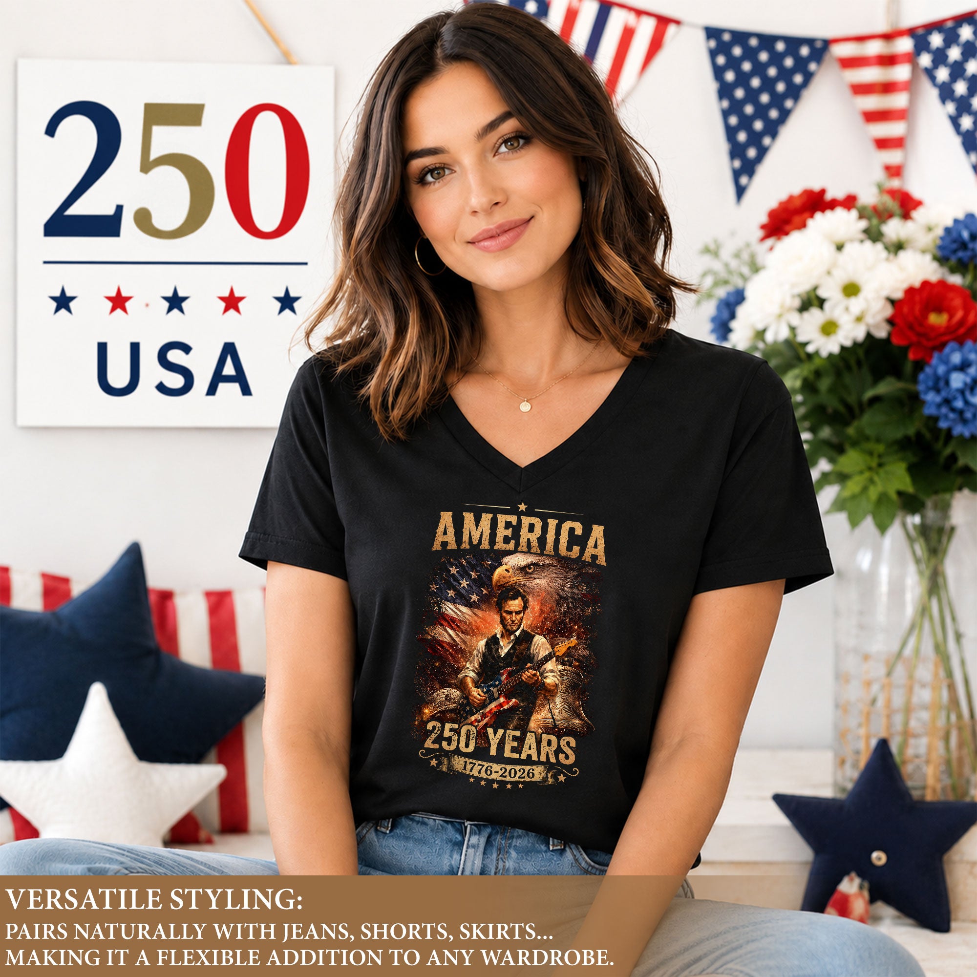 America 250 Years V-Neck T-Shirt Eagle Lincoln Guitar Patriotic USA 1776-2026
