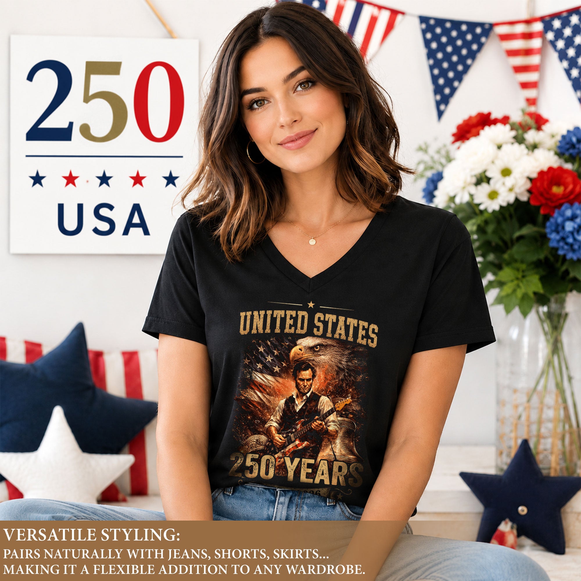 America 250 Years V-Neck T-Shirt Eagle Lincoln Guitar Patriotic USA 1776-2026