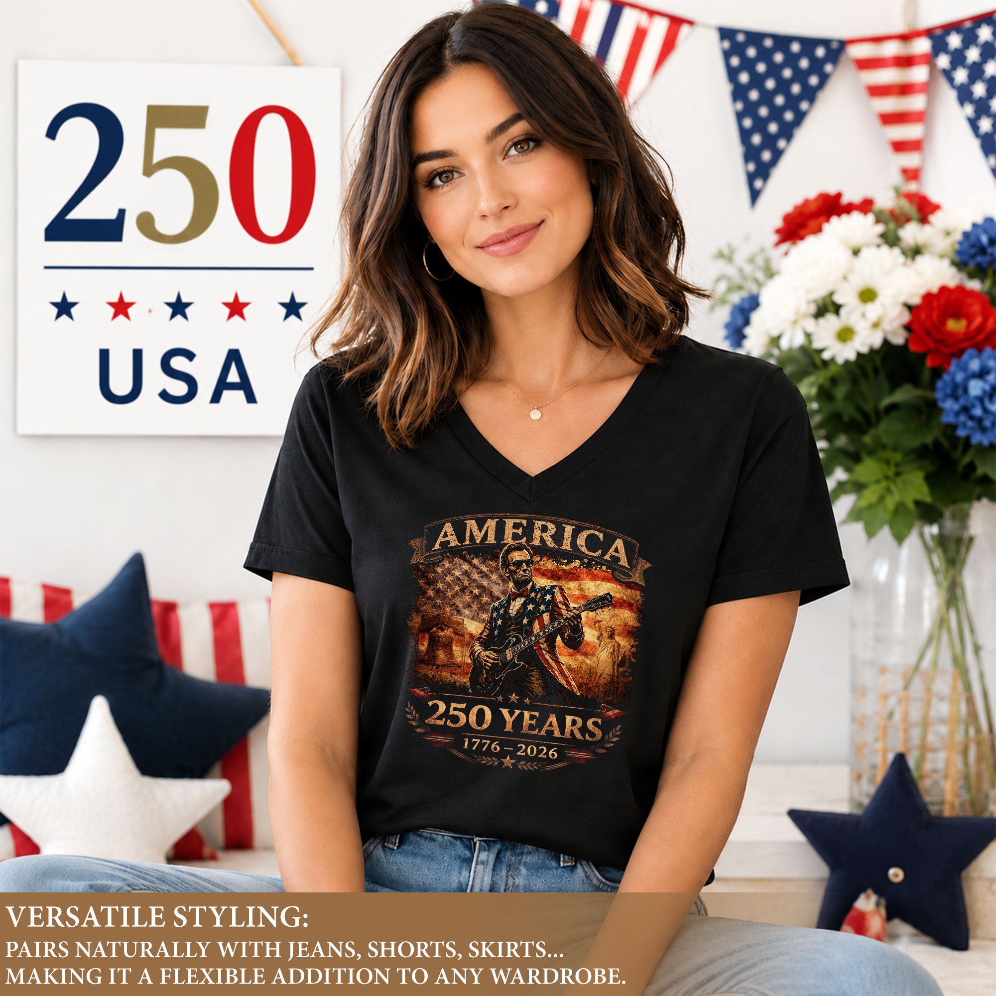 Patriotic Lincoln Liberty Bell V-Neck Shirt Vintage 1776-2026 America 250 Years