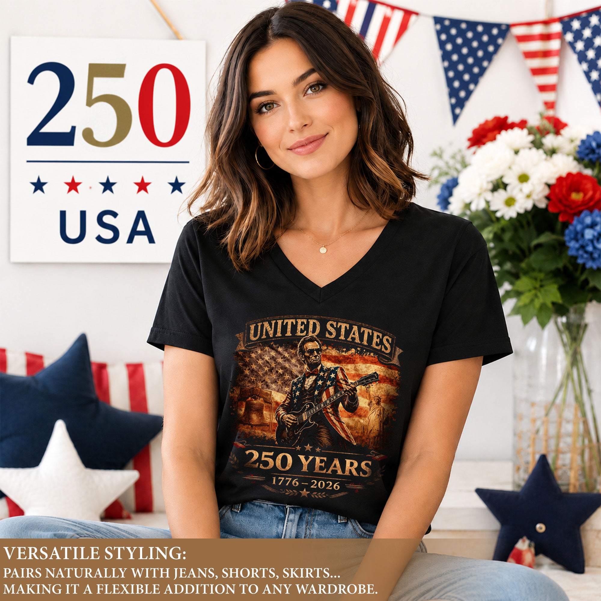 Patriotic Lincoln Liberty Bell V-Neck Shirt Vintage 1776-2026 America 250 Years