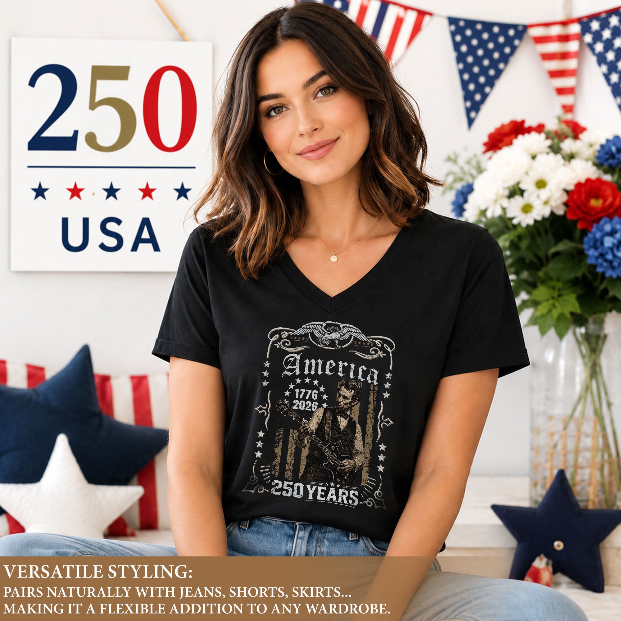 Patriotic Eagle Lincoln V-Neck Shirt Vintage 1776-2026 America 250 Years Women