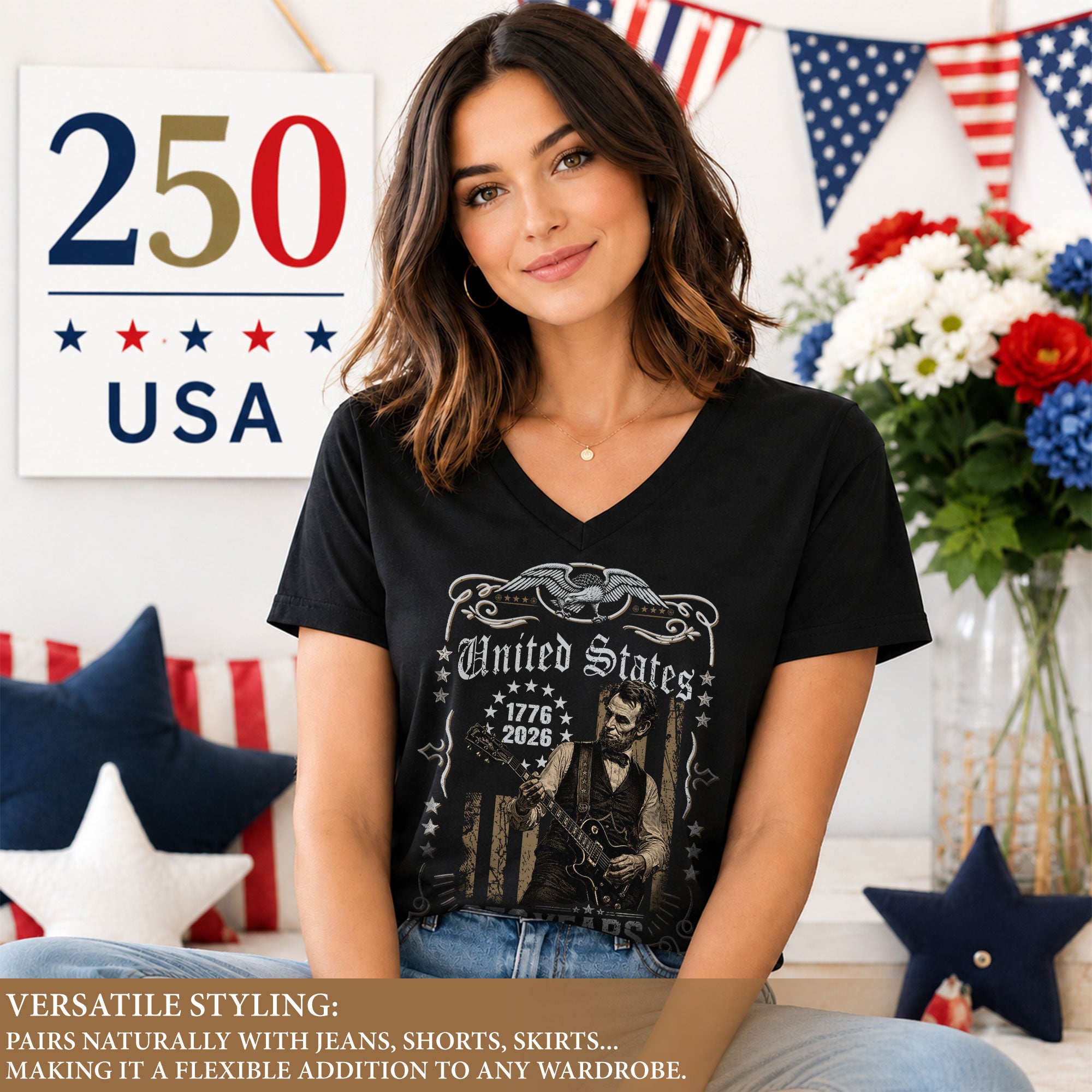 Patriotic Eagle Lincoln V-Neck Shirt Vintage 1776-2026 America 250 Years Women
