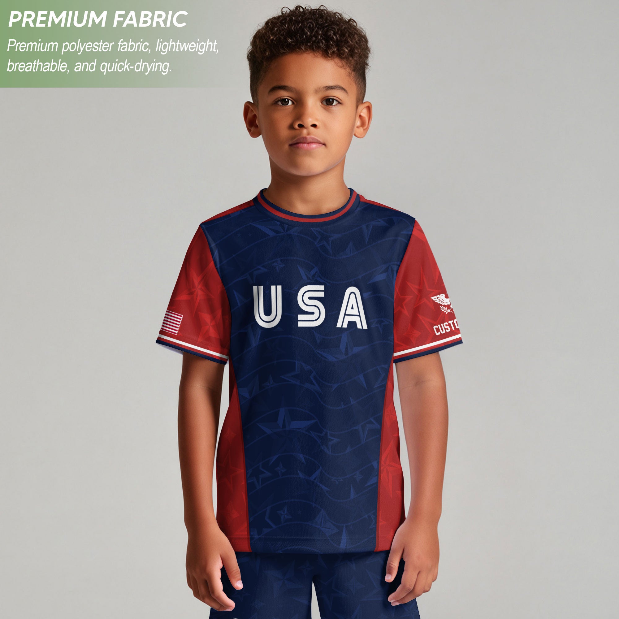 Custom Kid USA Soccer Jersey Navy Blue Patriotic Graphic Personalized Youth Top