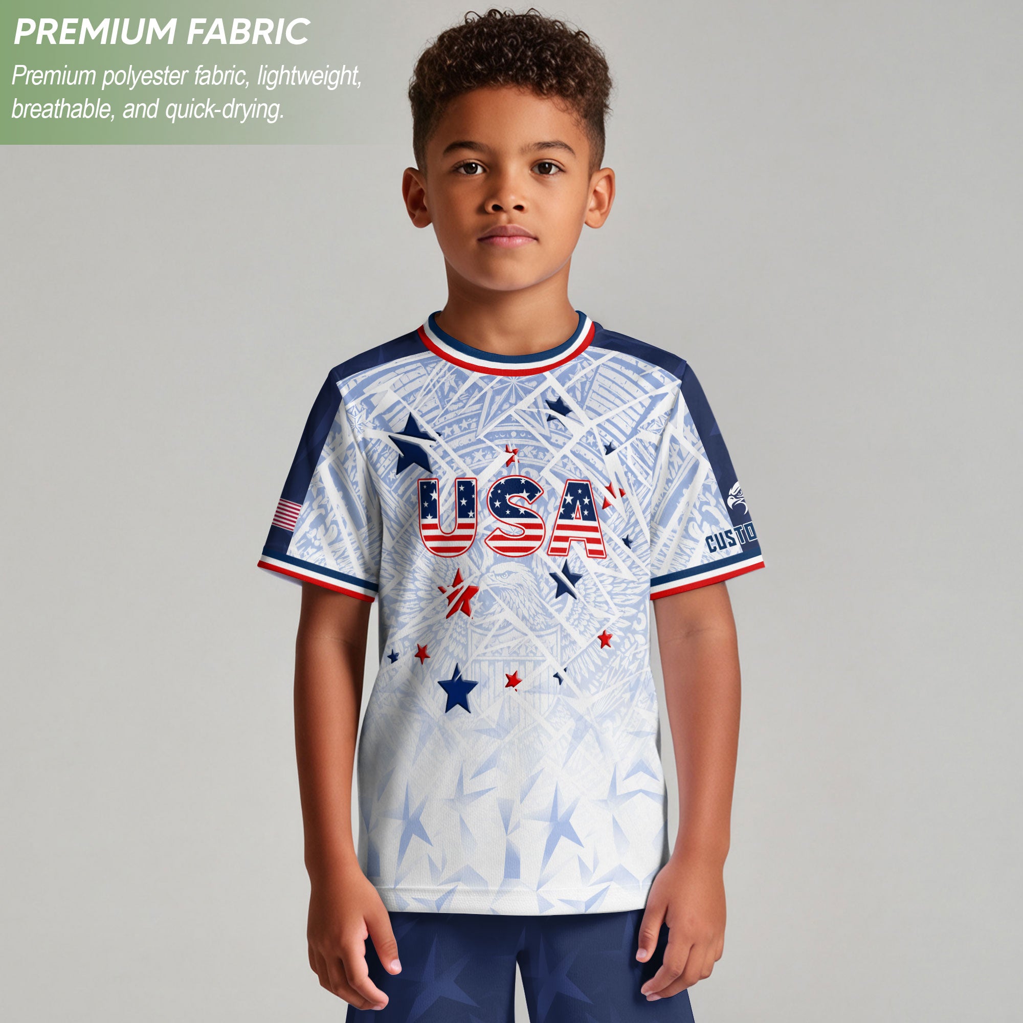 Custom Kids USA Soccer Jersey White Blue Patriotic American Football Shirt