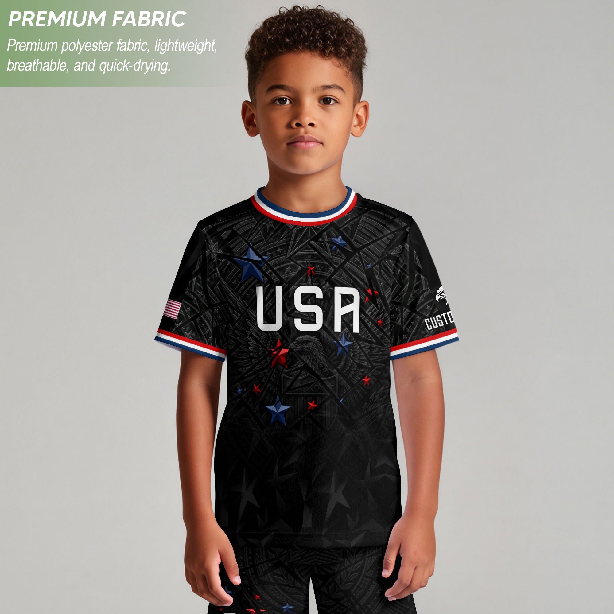 Kids USA Soccer Jersey Black Personalized Youth Patriotic American Football Shirt