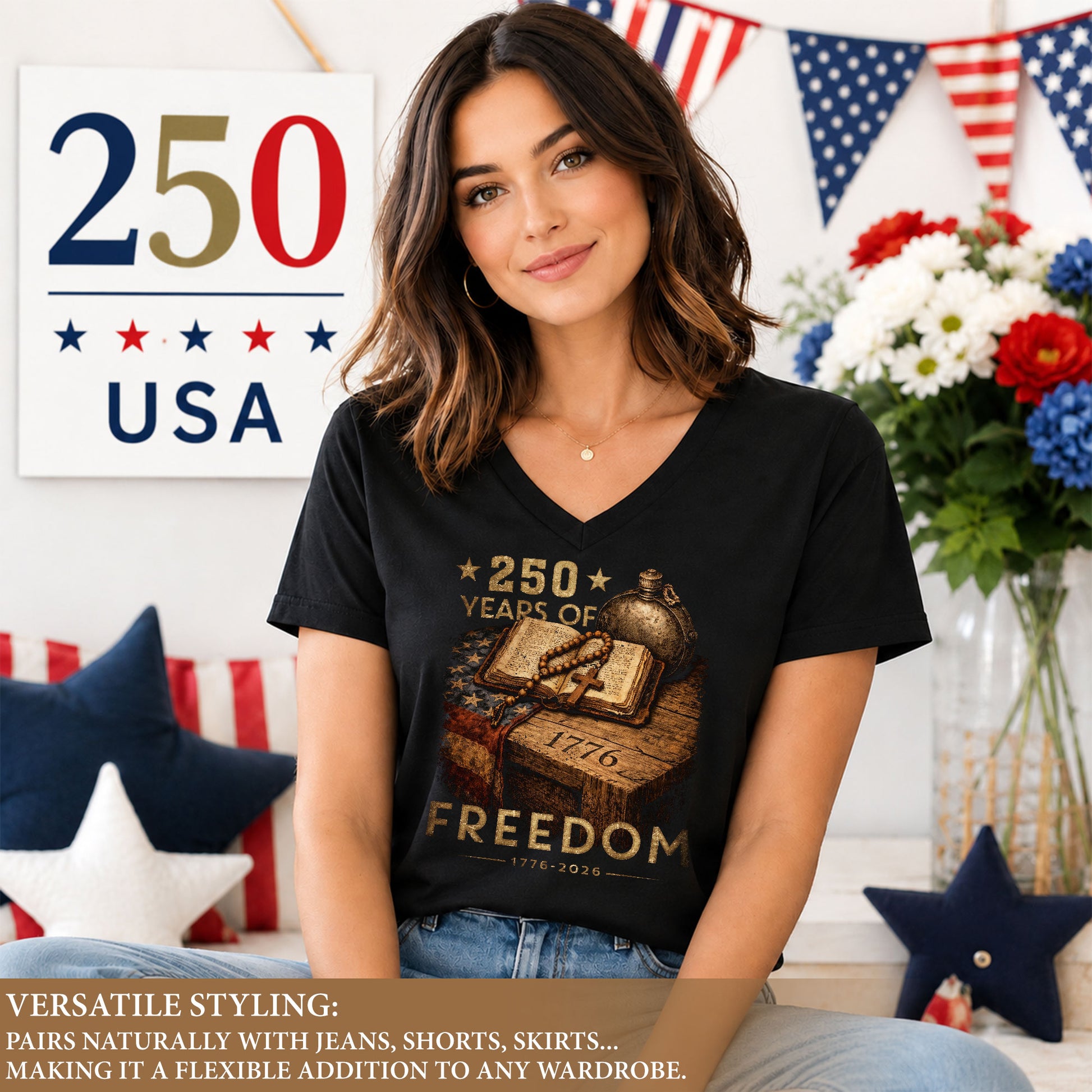 250 Years of Freedom Women's V-Neck T-Shirt 1776-2026 Patriotic Faith Tee - Rust Field Wear