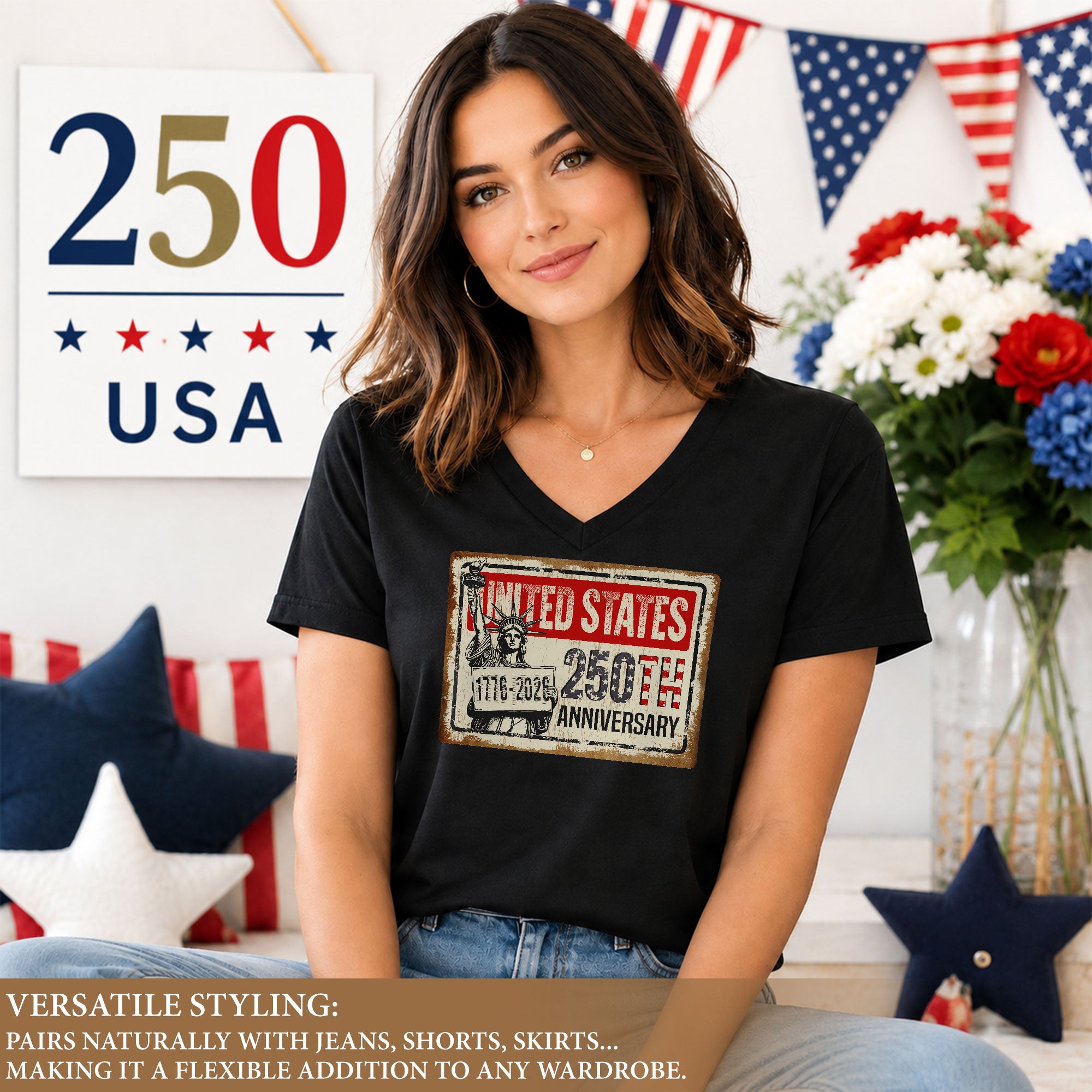 United States 250th Anniversary Women V-Neck T-Shirt 1776-2026 Patriotic Liberty Tee - Rust Field Wear