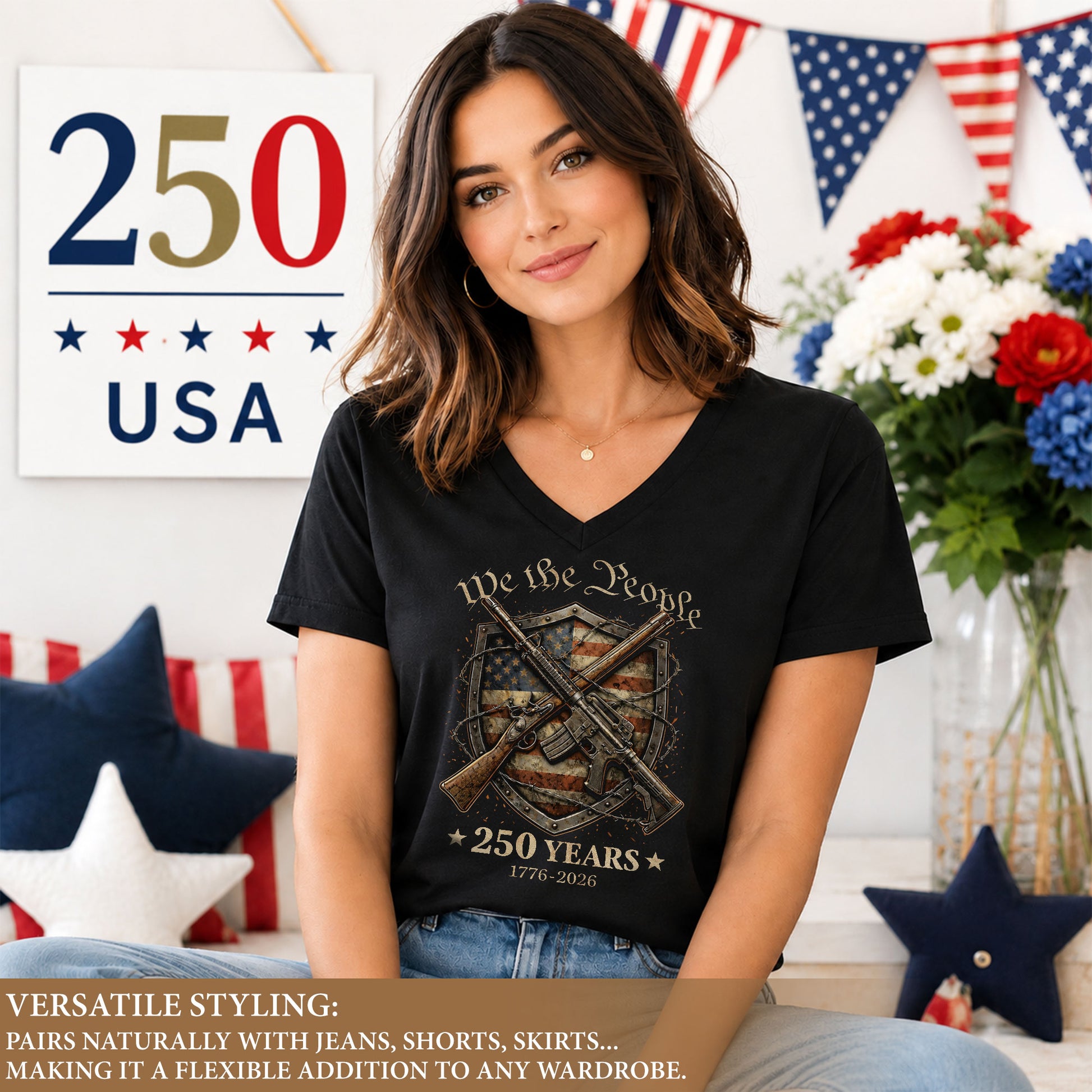 We The People 250 Years Women's V-Neck T-Shirt 1776-2026 Patriotic Freedom Tee - Rust Field Wear