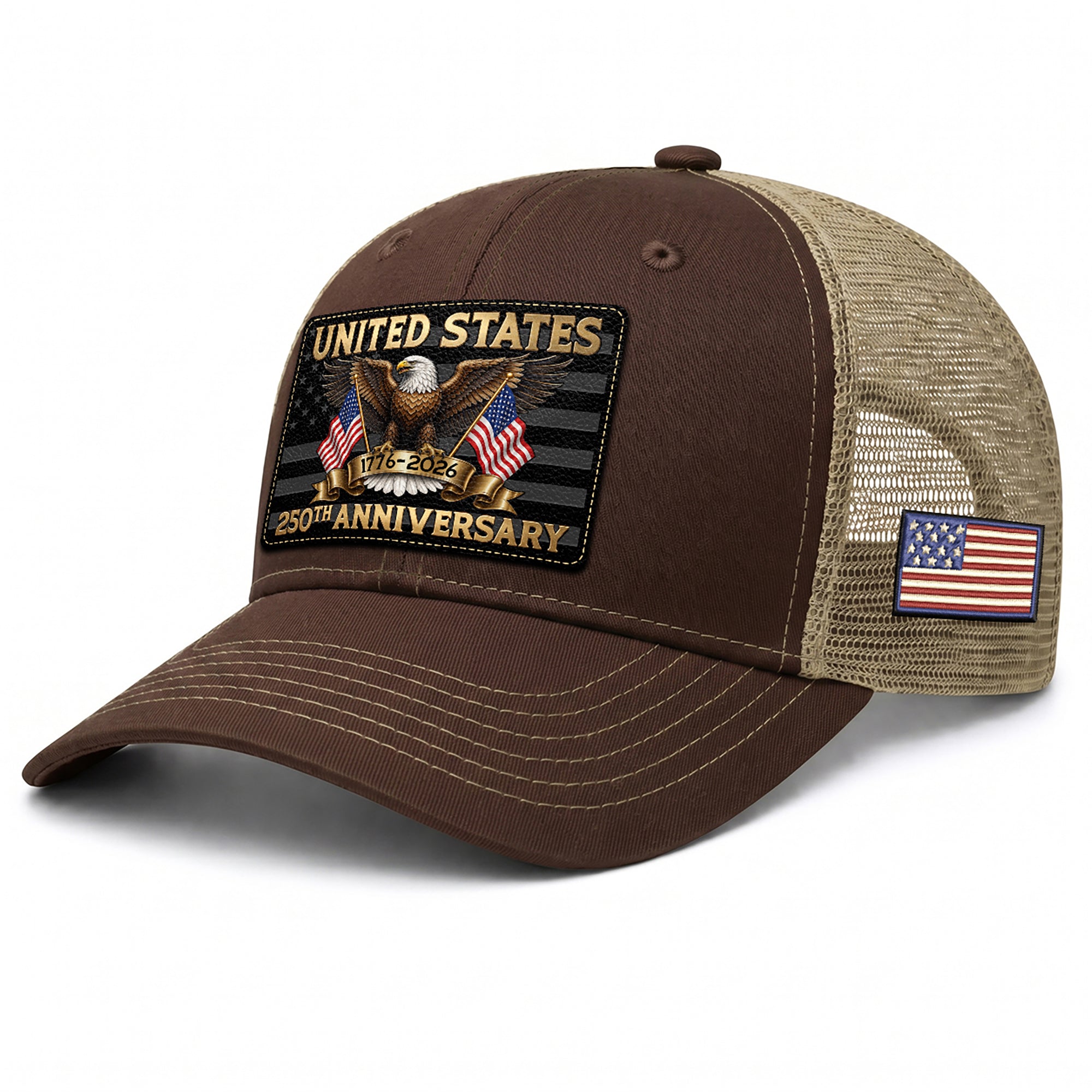 Brown Tan Mesh Back Cap Leather Patch 1776 to 2026 Structured Anniversary Hat
