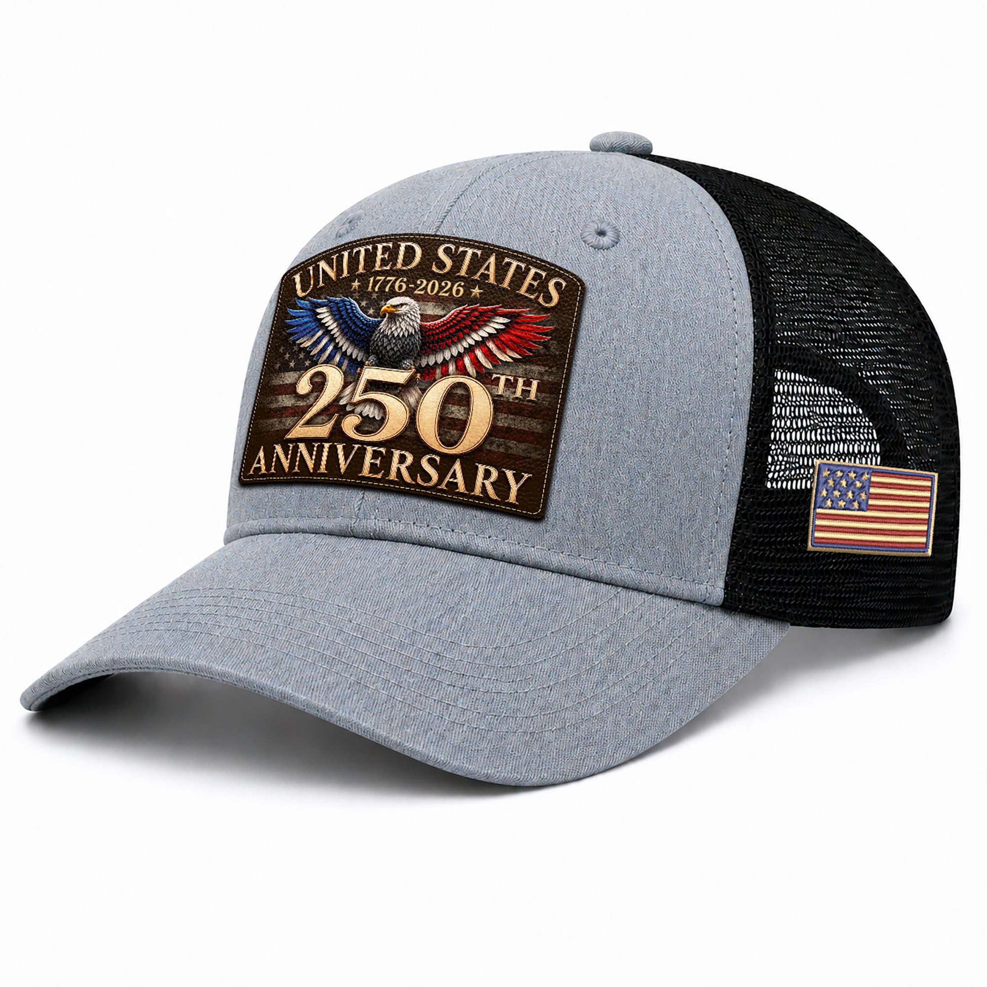 United States 250th Anniversary Trucker Hat Leather Patch Gray Black Commemorative