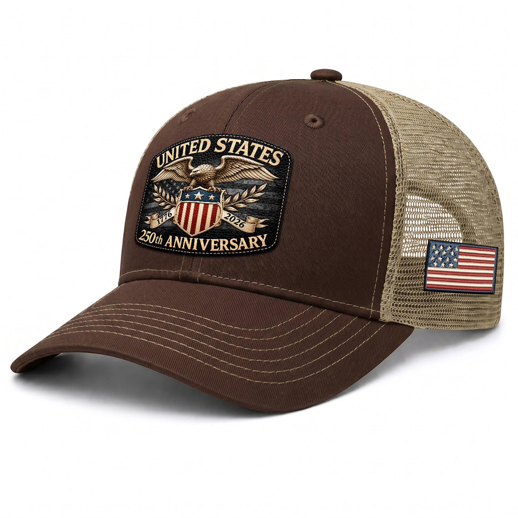 1776 to 2026 Anniversary Brown Tan Mesh Back Hat Leather Patch Trucker Cap