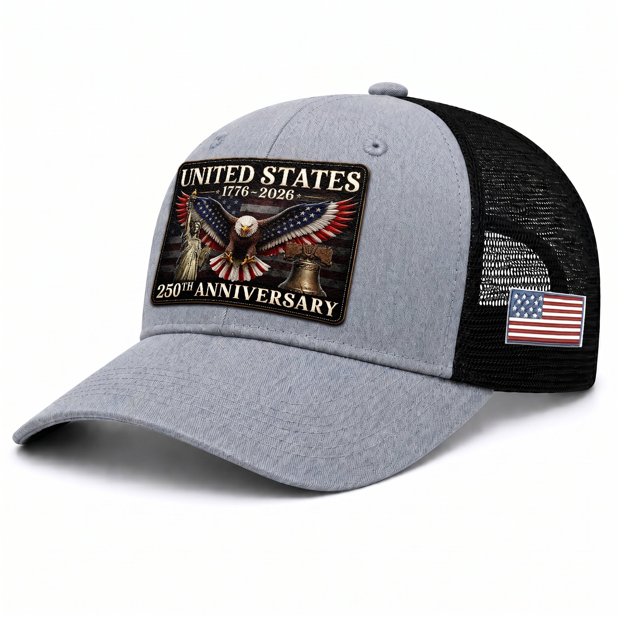 Gray Black Mesh Back Cap Leather Patch 1776 to 2026 Structured Anniversary Hat