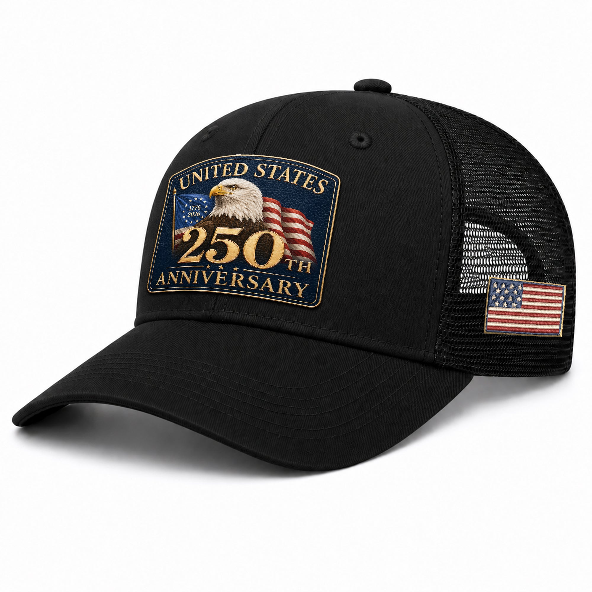 Structured Black Mesh Cap Leather Patch 1776 to 2026 Anniversary Headwear
