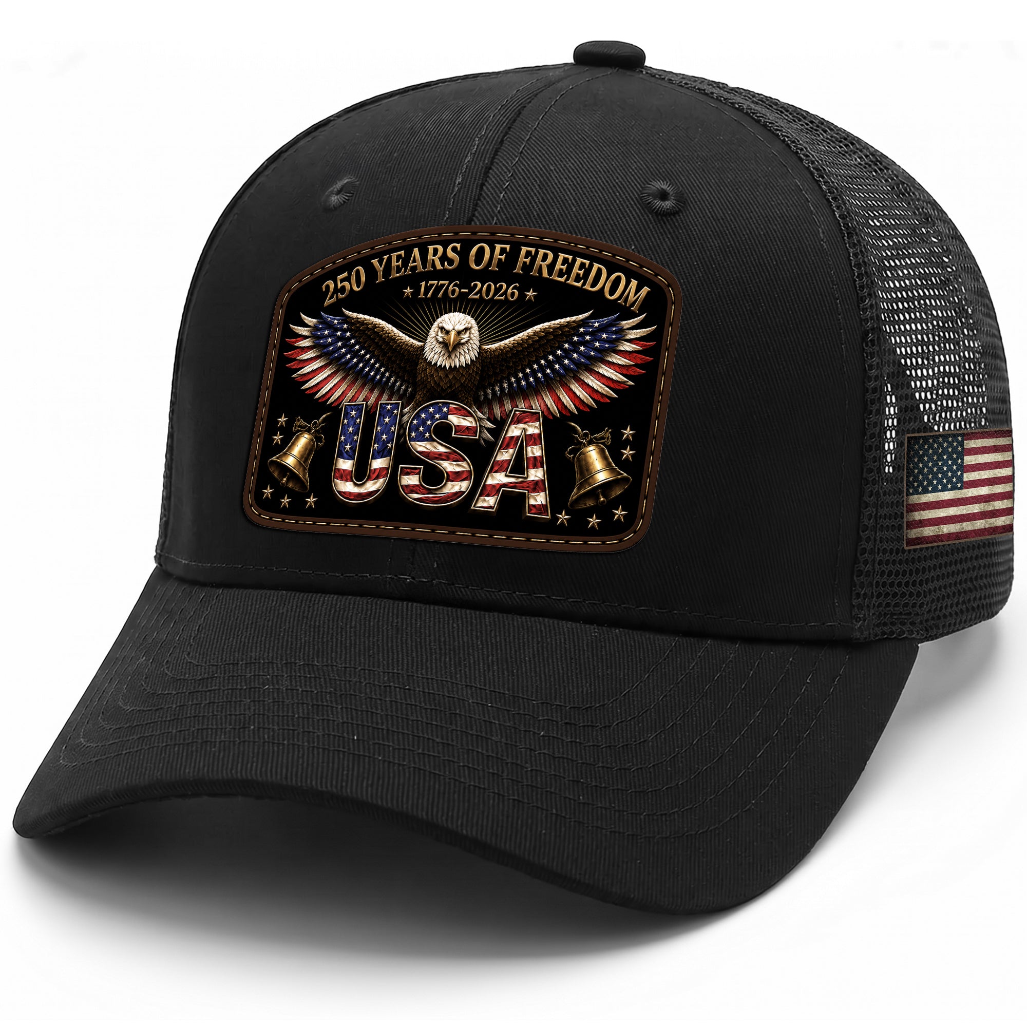 USA 250 Years Of Freedom Leather Patch Hat Patriotic Mesh Back Cap Black