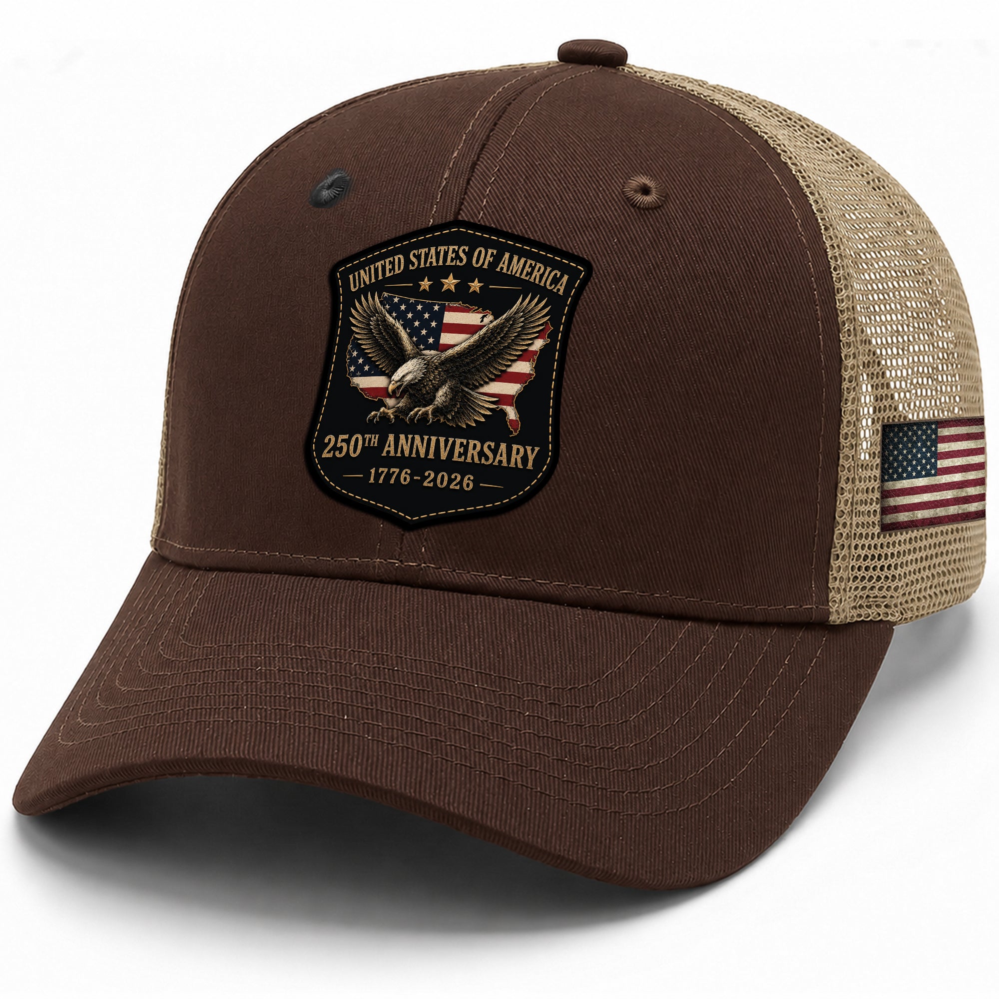 Vintage Style USA 250th Anniversary Leather Patch Hat Patriotic Mesh Back Cap