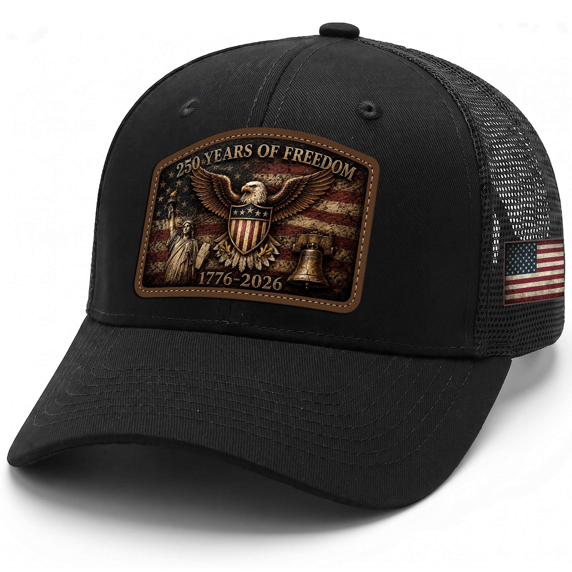 Black Patriotic Leather Patch Hat 250 Years Of Freedom USA Mesh Back Trucker Cap