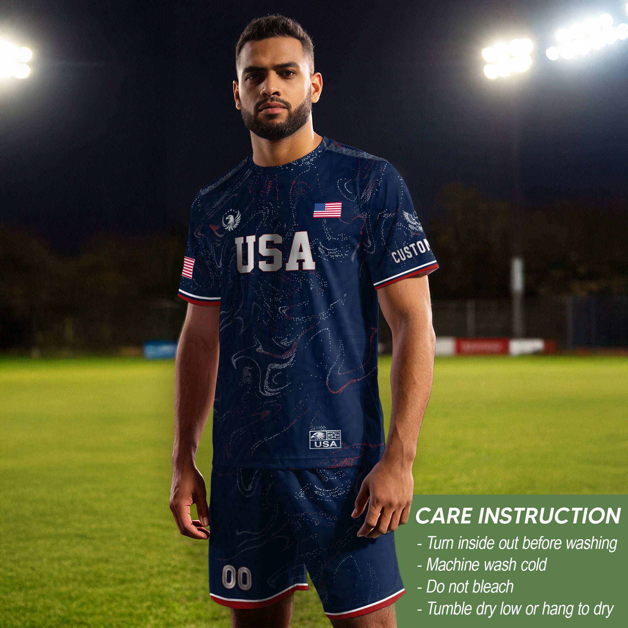 Custom Adult USA Soccer Jersey Navy Blue Patriotic American Flag Marble Football Shirt