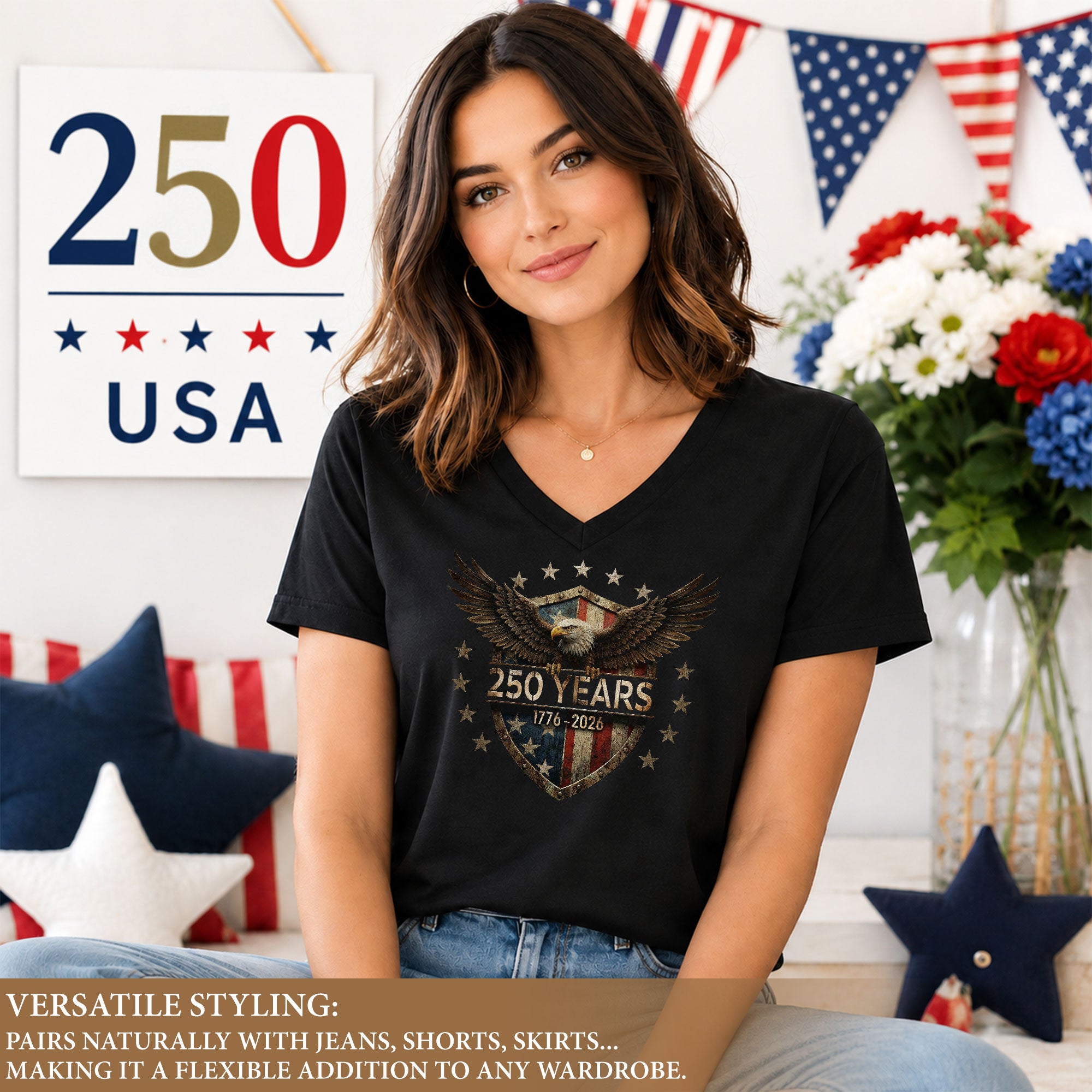 250 Years Women's V-Neck T-Shirt Eagle Shield Patriotic Freedom 1776-2026 Tee - Rust Field Wear
