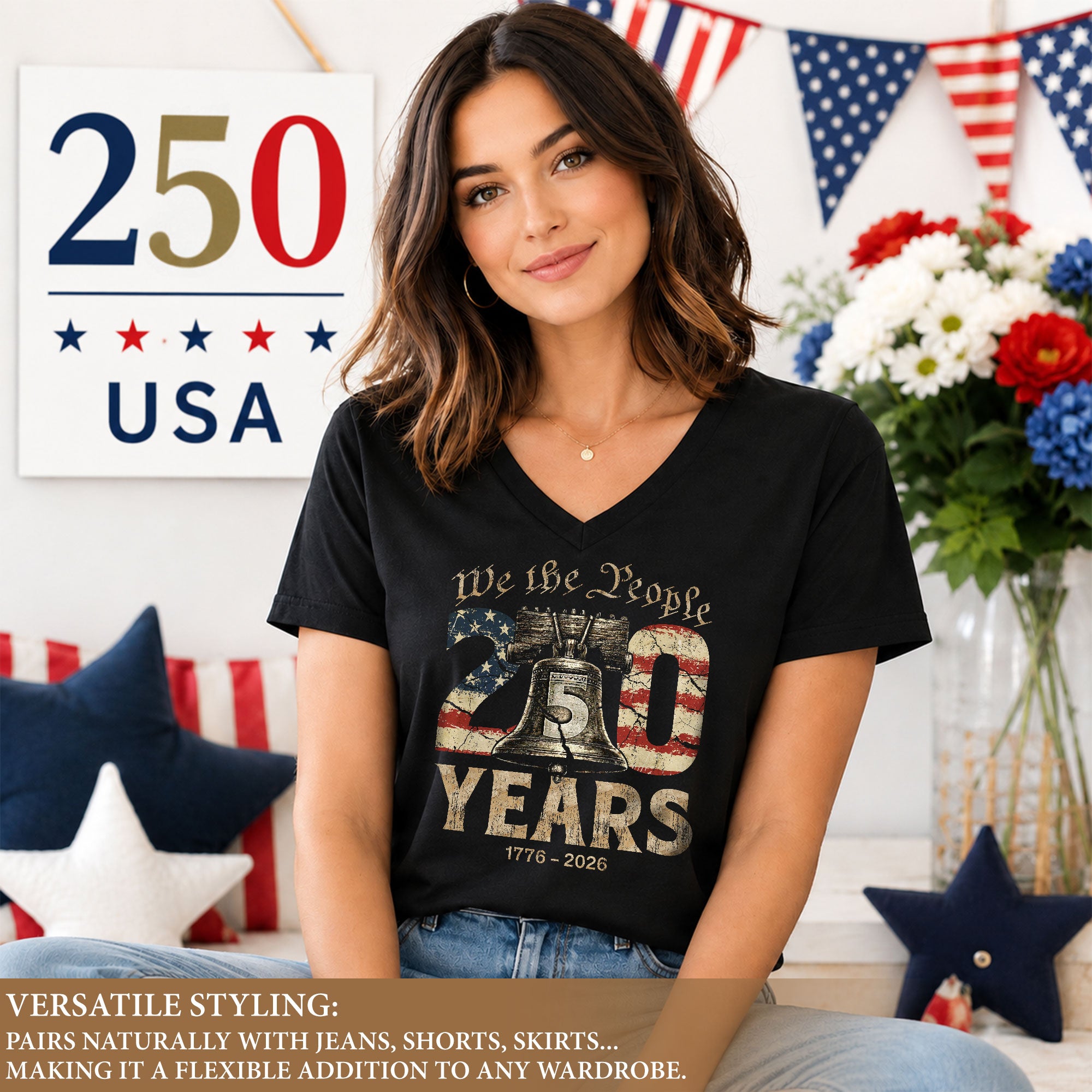 Women's Patriotic Heritage V-Neck Shirt We The People 250 Years Freedom Tee - Rust Field Wear