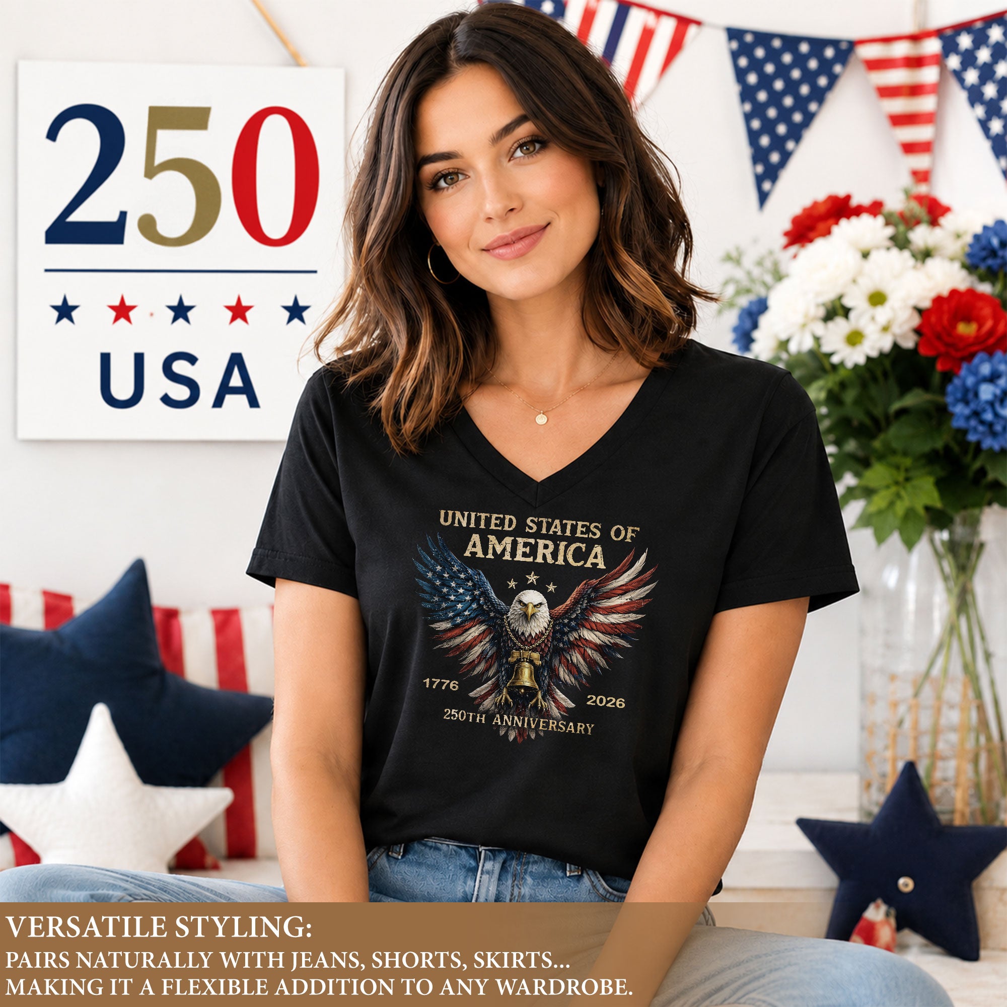 USA 250th Anniversary American Eagle V Neck T Shirt Women Patriotic Casual Graphic Tee - Rust Field Wear