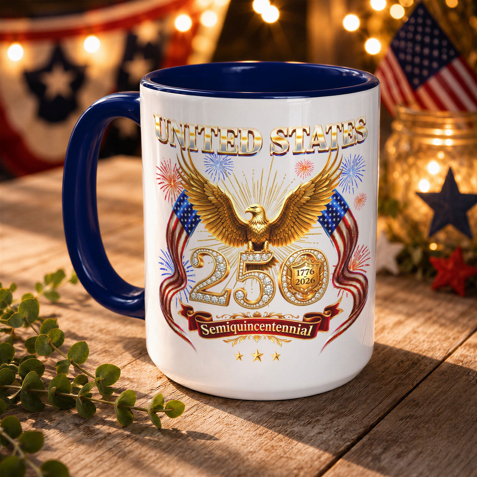 United States 1776 2026 Accent Mug - Patriotic Golden Eagle US Flag Gift Cup