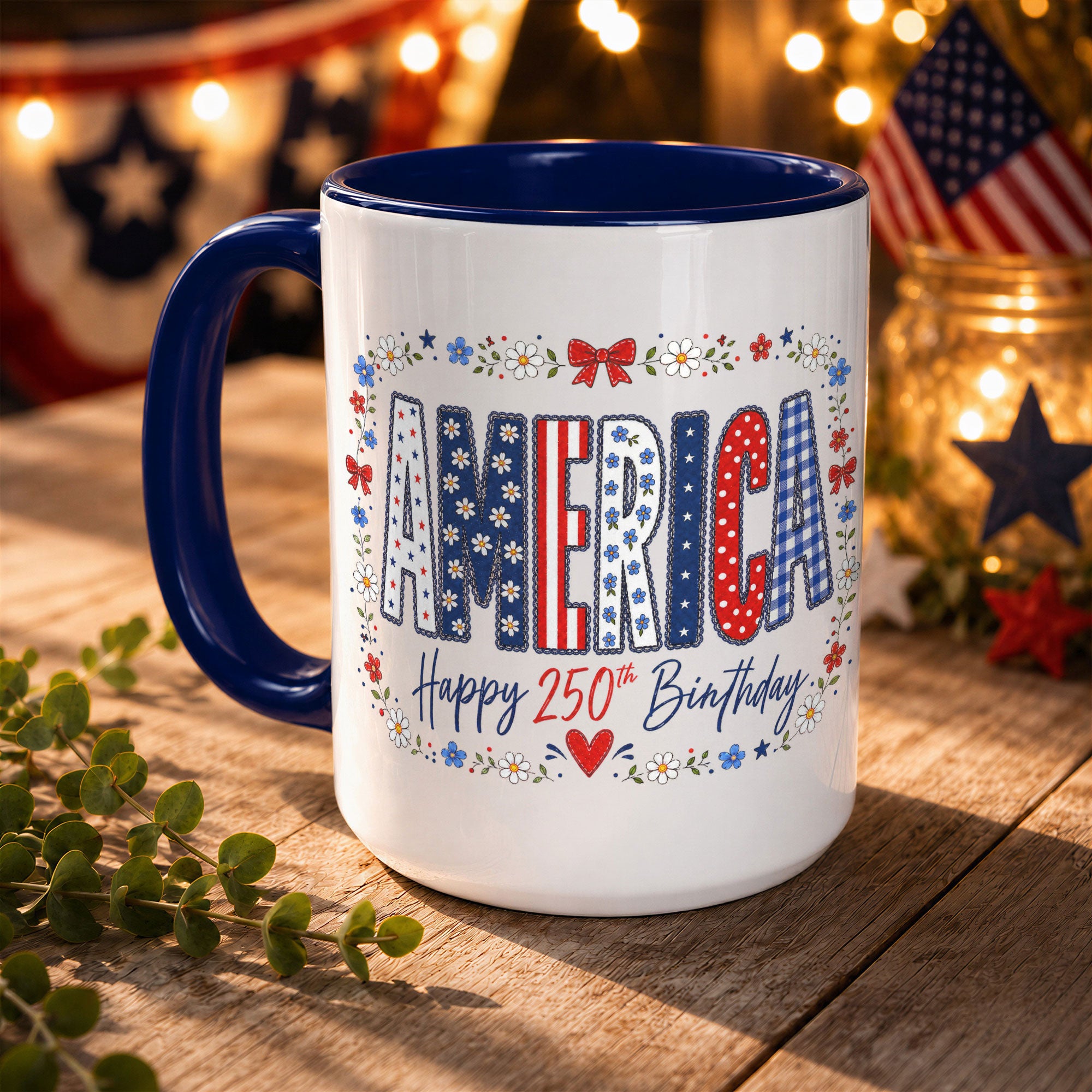 Cute America Floral Mug - Happy 250th Birthday Patriotic US Coquette Bow Ceramic Cup