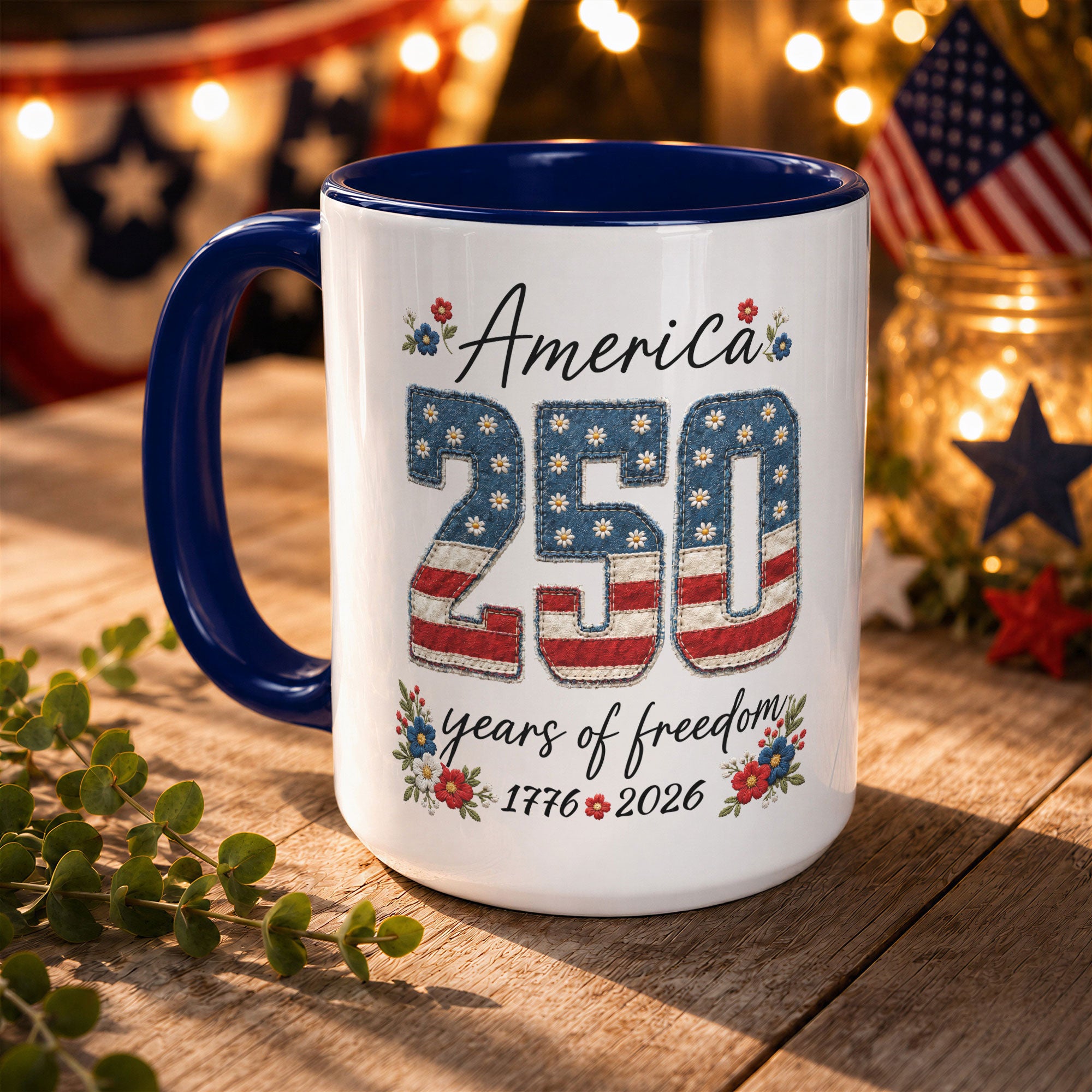 Cute America 250 Years Mug - Patriotic Floral US Anniversary Rim Ceramic Cup
