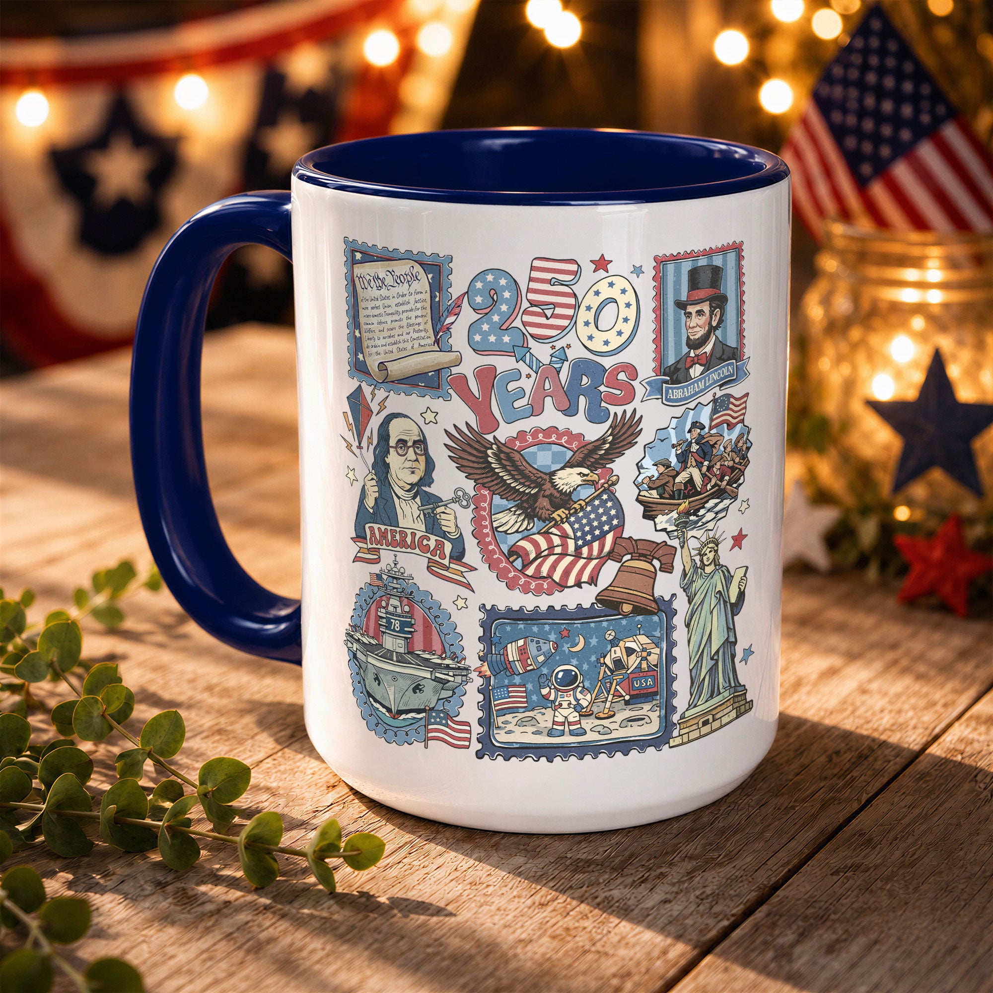 250 Years US History Stamp Accent Mug - Vintage Patriotic American Heritage Cup