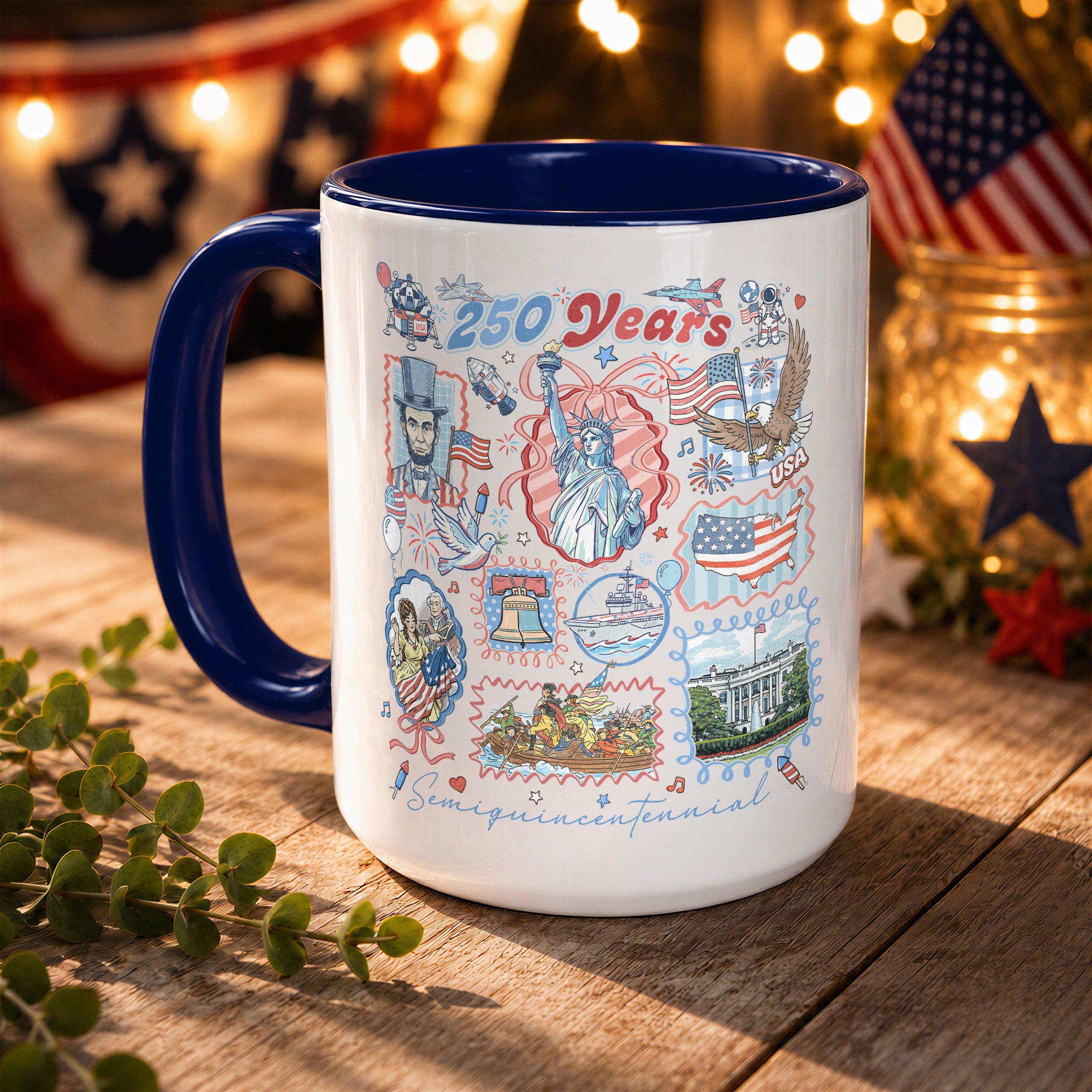 250 Years US Freedom Edition Accent Mug - Retro American History Icons Gift Cup