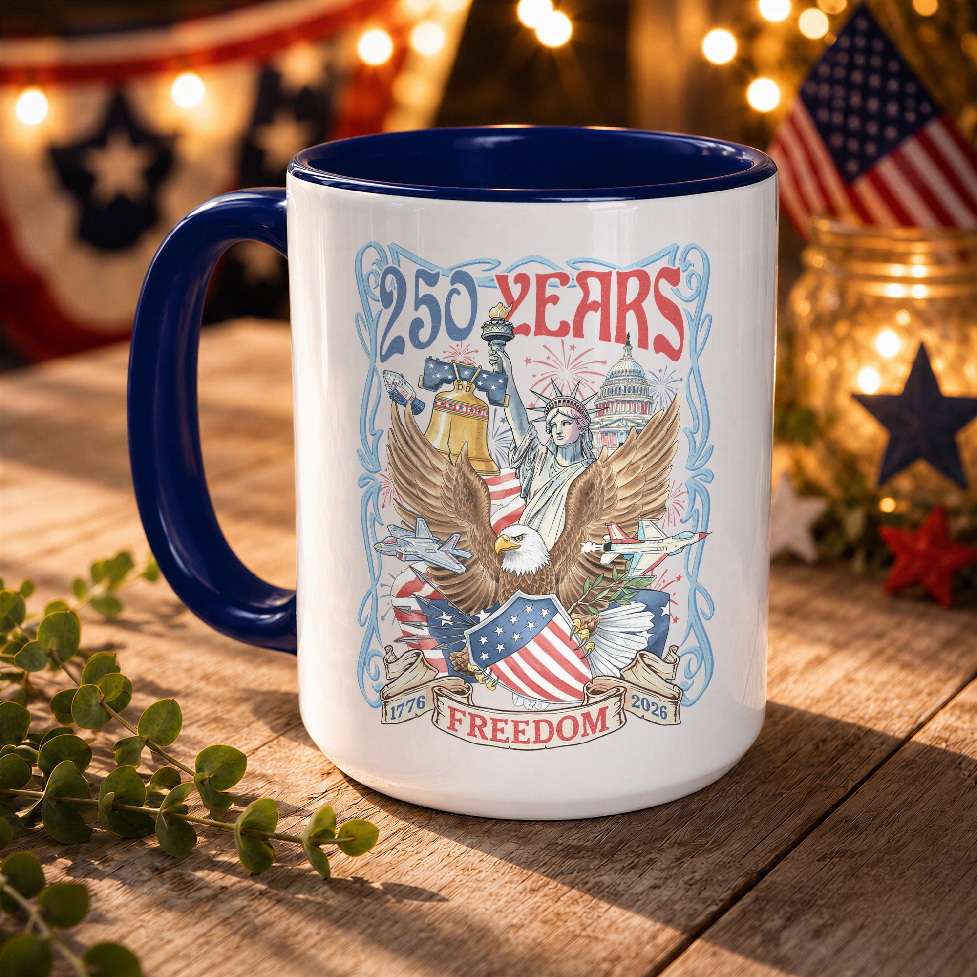 250 Years Freedom Edition Accent Mug - Retro Eagle Liberty Bell 1776 2026 Gift Cup