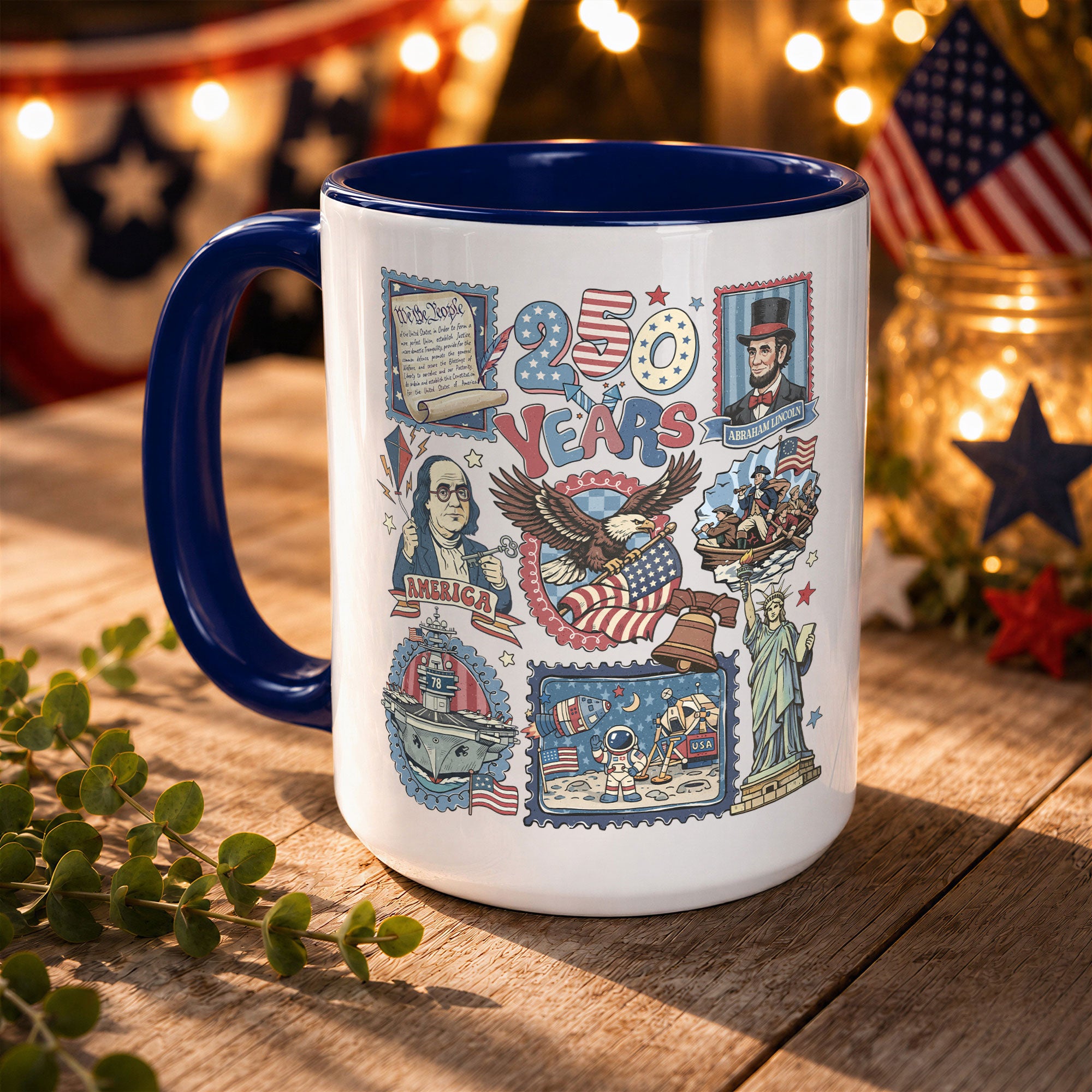 250 Years Patriotic Liberty Accent Mug - Historical Doodle Stamps American Eagle Gift Cup