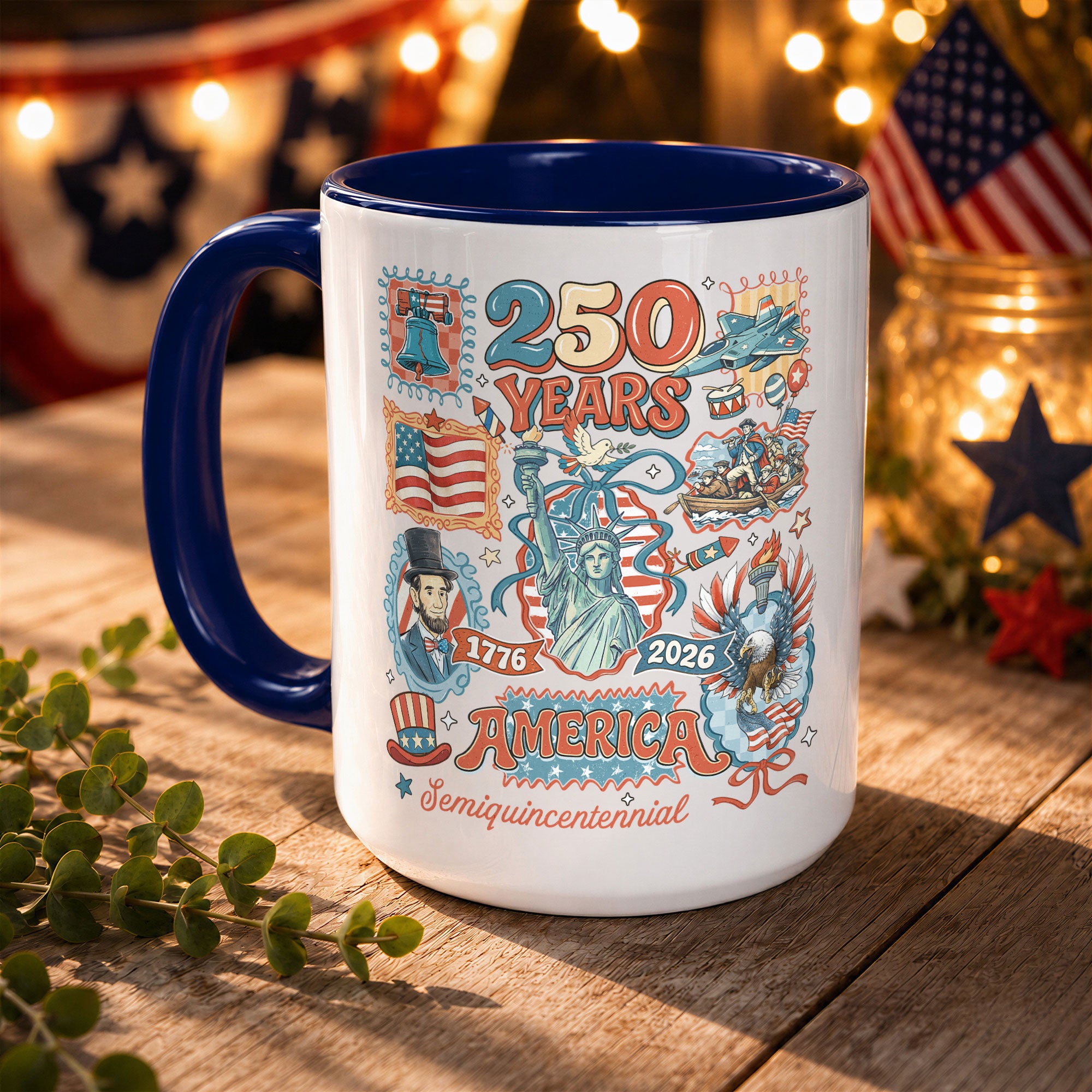 250 Years American Legacy Accent Mug - Vintage Doodle Stamps Historical Patriotic Gift Cup