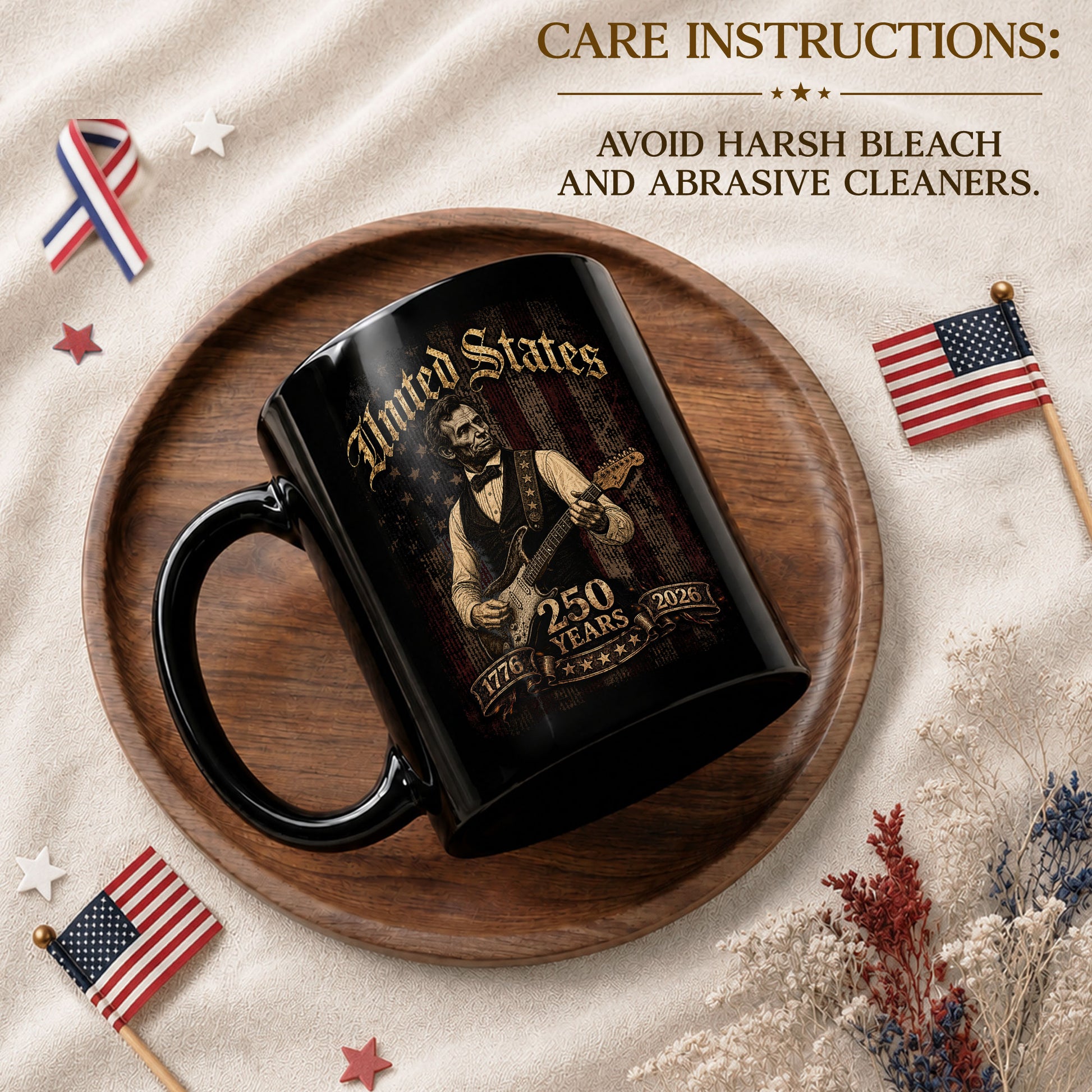 Abraham Lincoln Guitar Mug - Vintage 250 Years 1776-2026 Patriotic US Rock Music Gift - Rust Field Wear