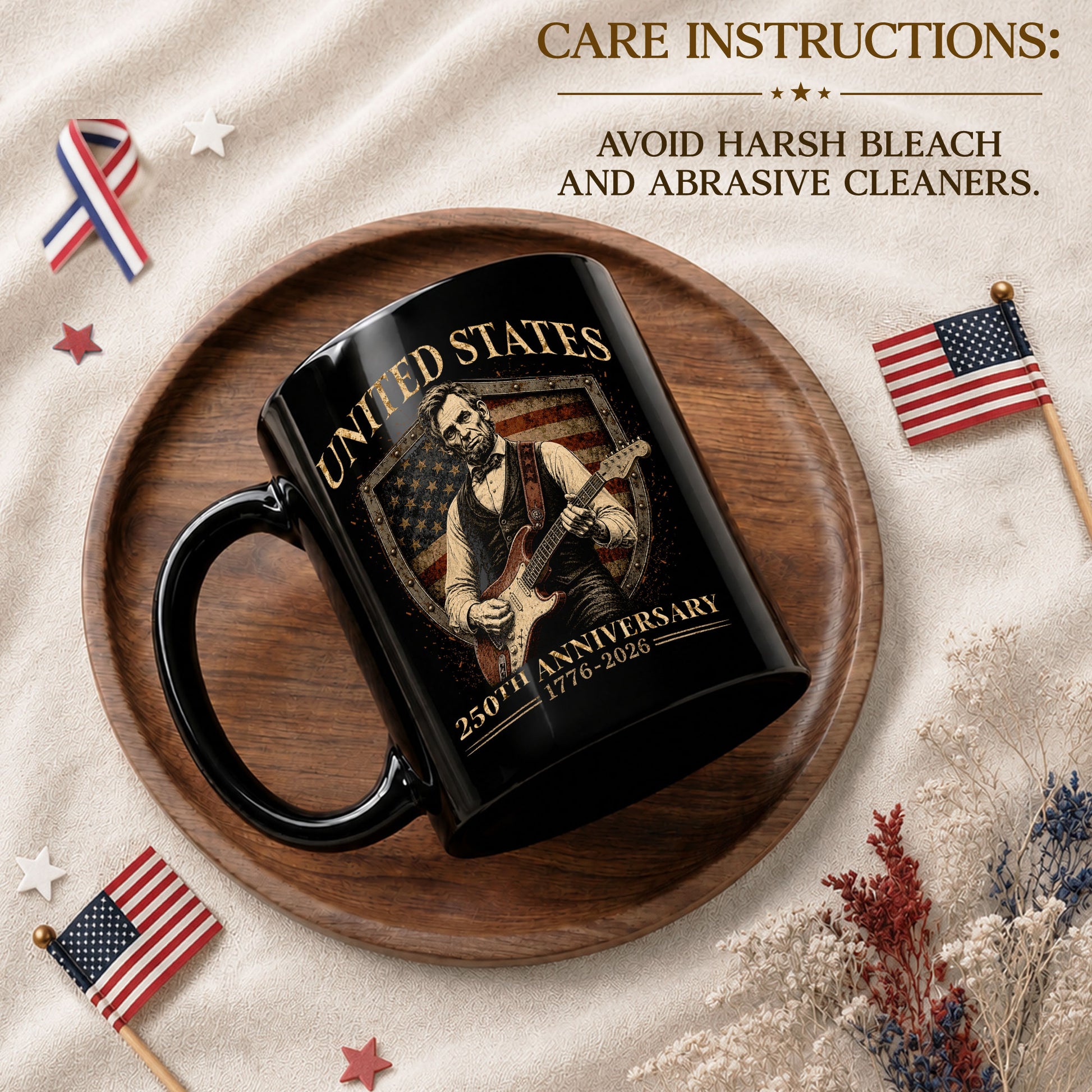 United States 250th Anniversary Mug Abraham Lincoln Guitar Shield 1776 2026 - Rust Field Wear