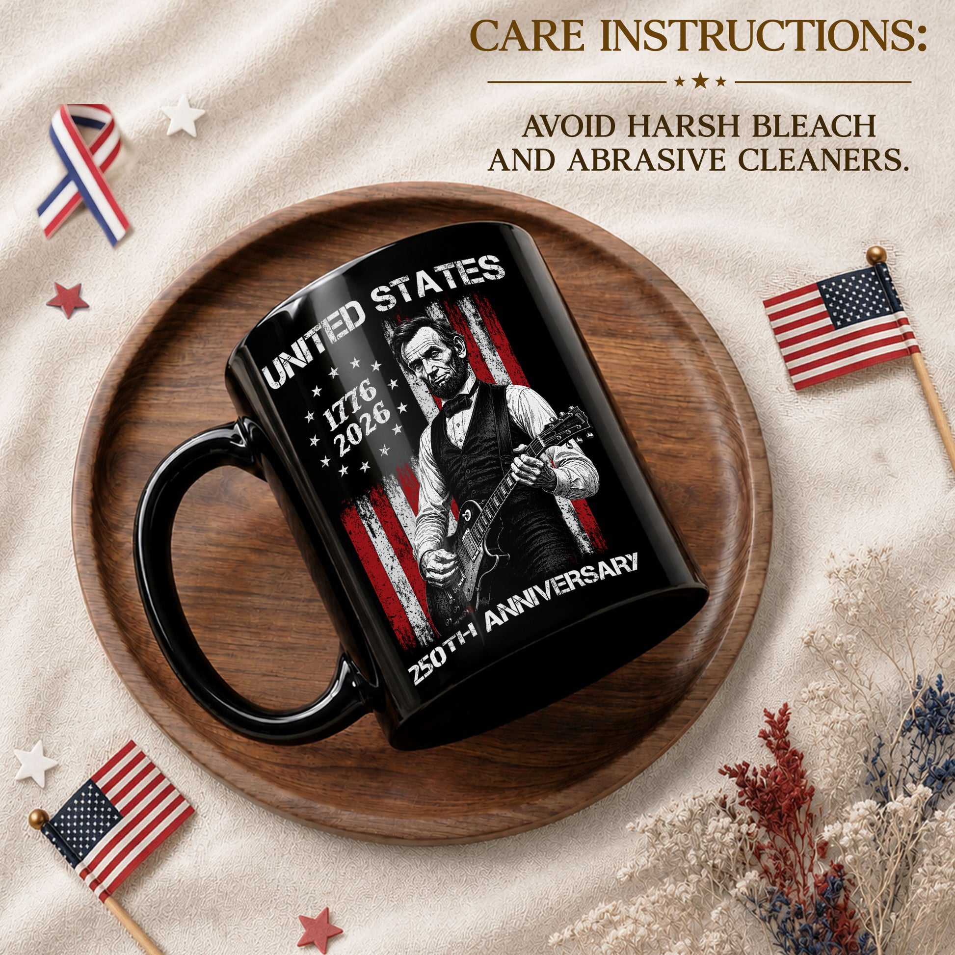 United States 250th Anniversary Mug Abraham Lincoln Guitar US Flag 1776 2026 - Rust Field Wear