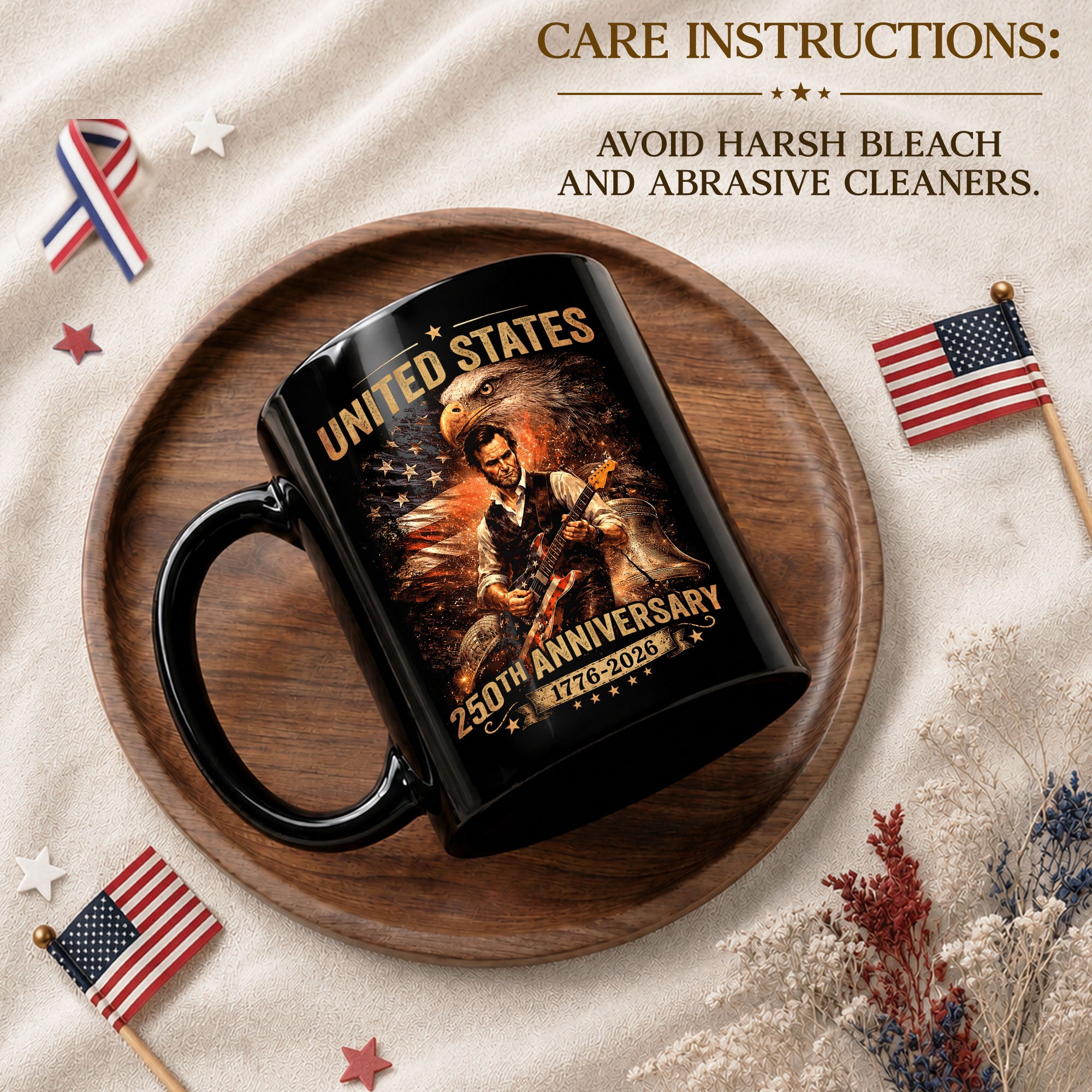 Patriotic Lincoln Guitar Ceramic Mug - Eagle Flag 1776-2026 Anniversary Beverage Cup