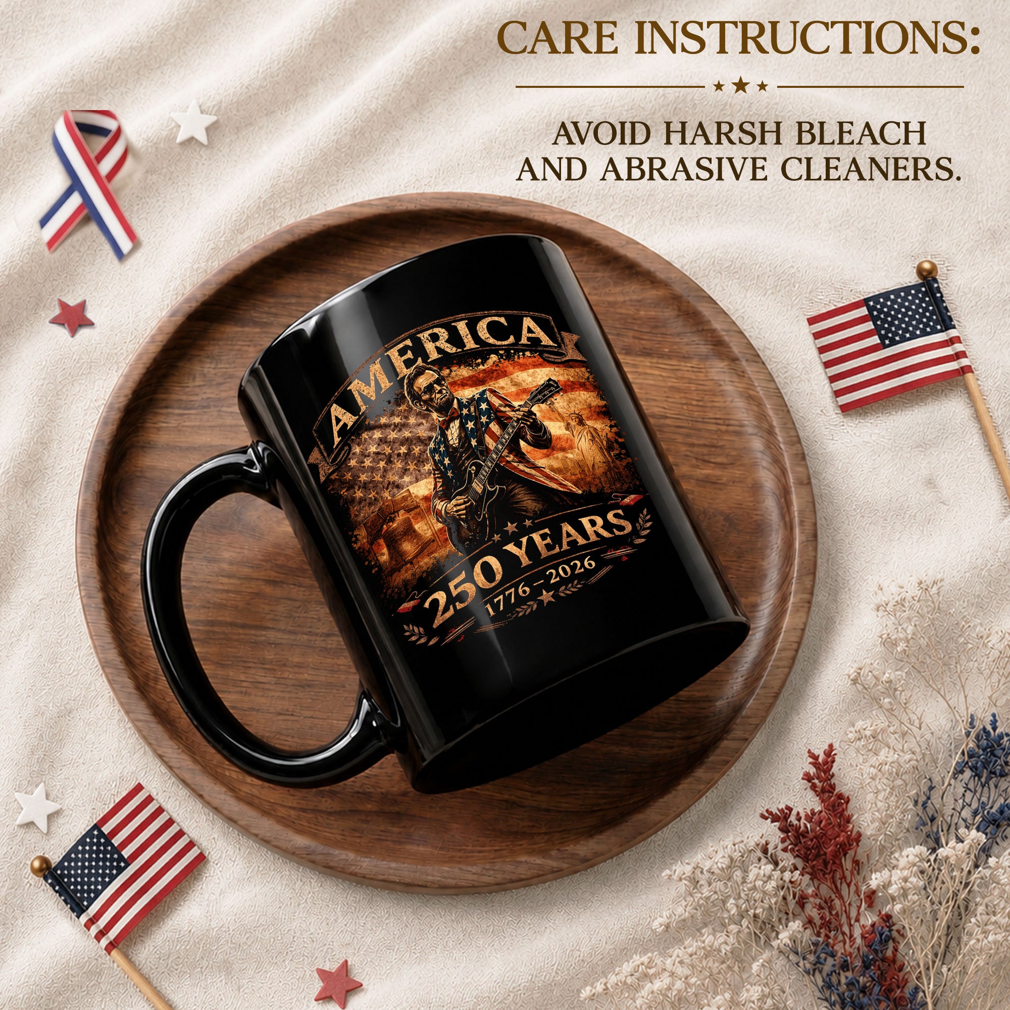 Lincoln Guitar Ceramic Mug - Patriotic Statue Liberty Flag Vintage Beverage Cup